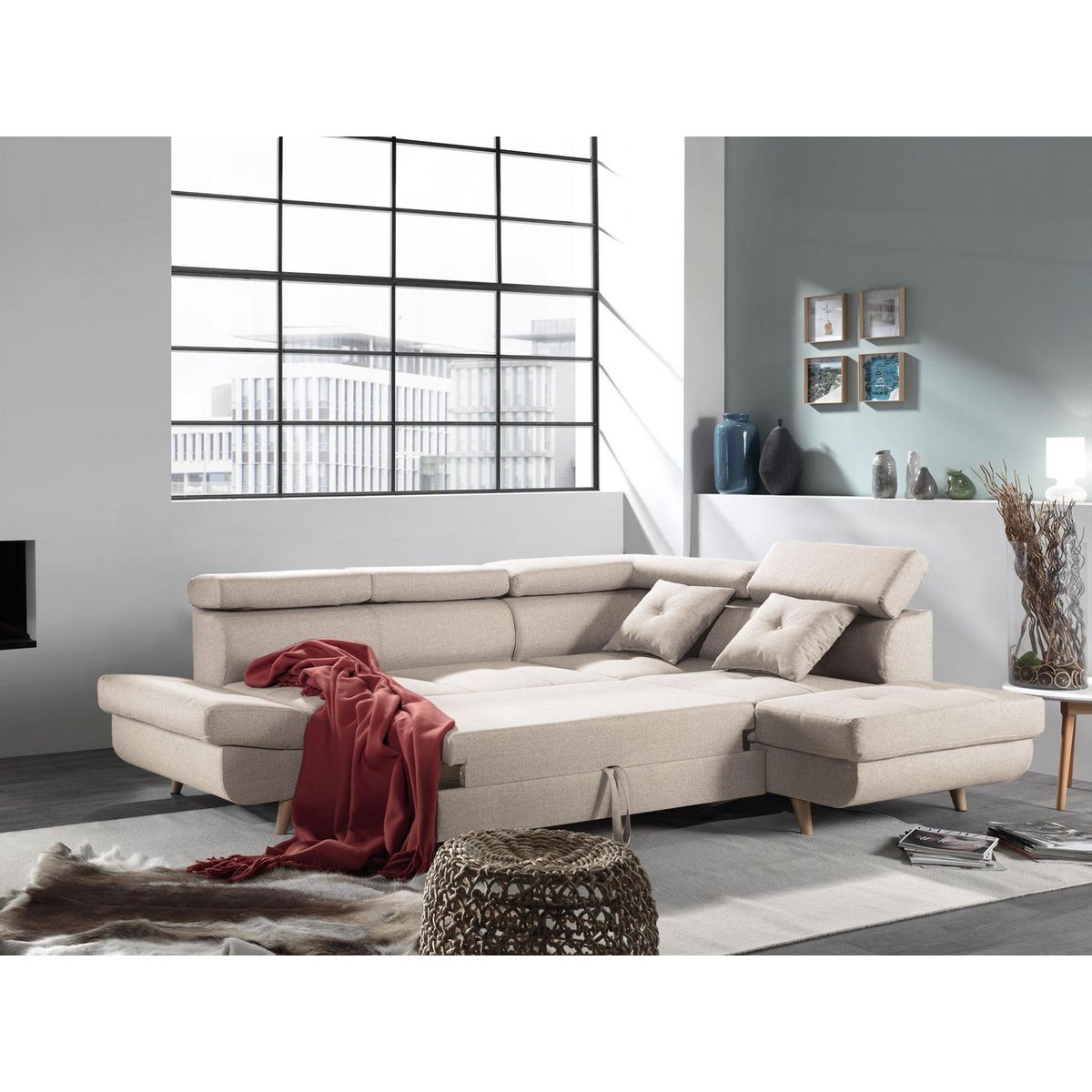BEST MOBILIER Linea - canapé d'angle droit convertible - 5 places - avec têtières