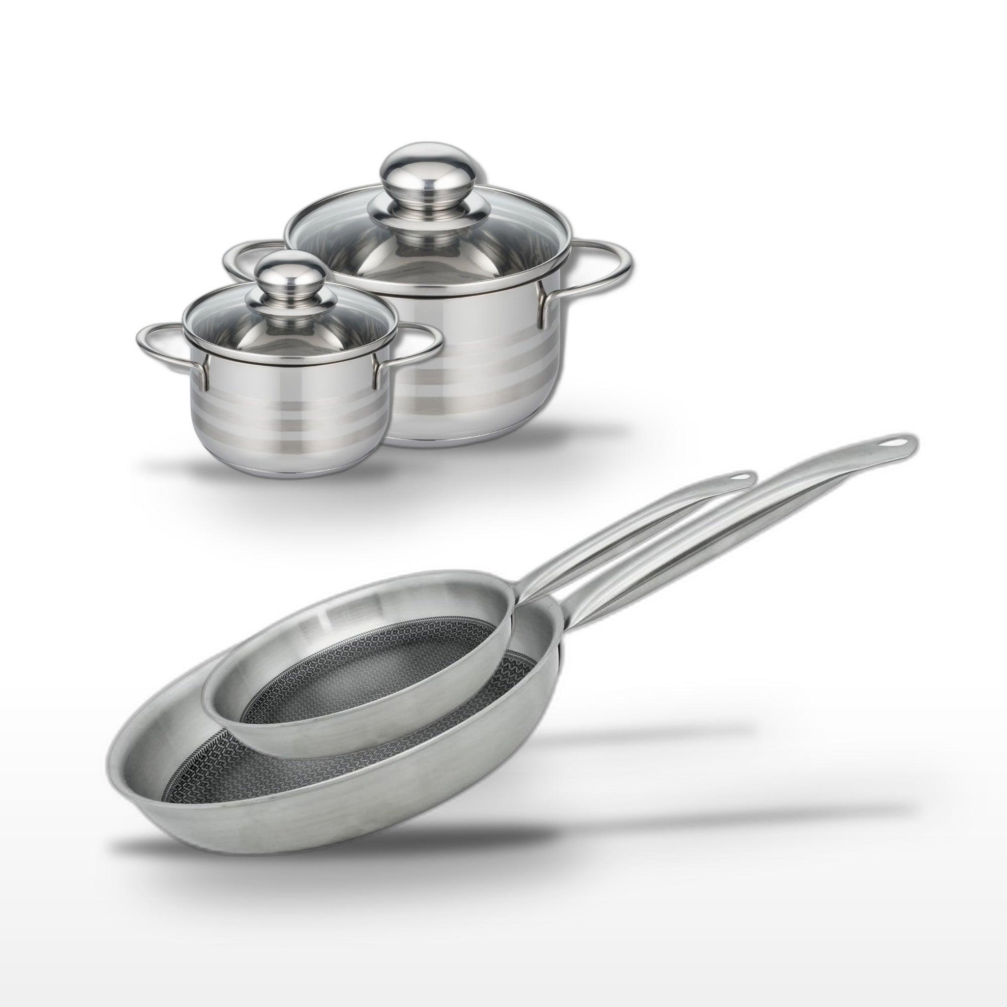 ELO Batterie de cuisine avec 2 poêles 24/28 cm et 2 faitouts 12/16 cm en acier inoxydable sans pfas elo collection relief solution brillant