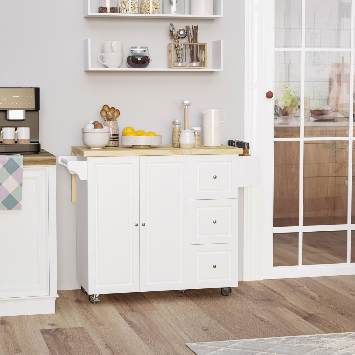 HOMCOM Desserte de cuisine multi rangement 3 tiroirs 2 portes avec étagère rack épices porte-torchons plateau rallonge hévéa MDF blanc