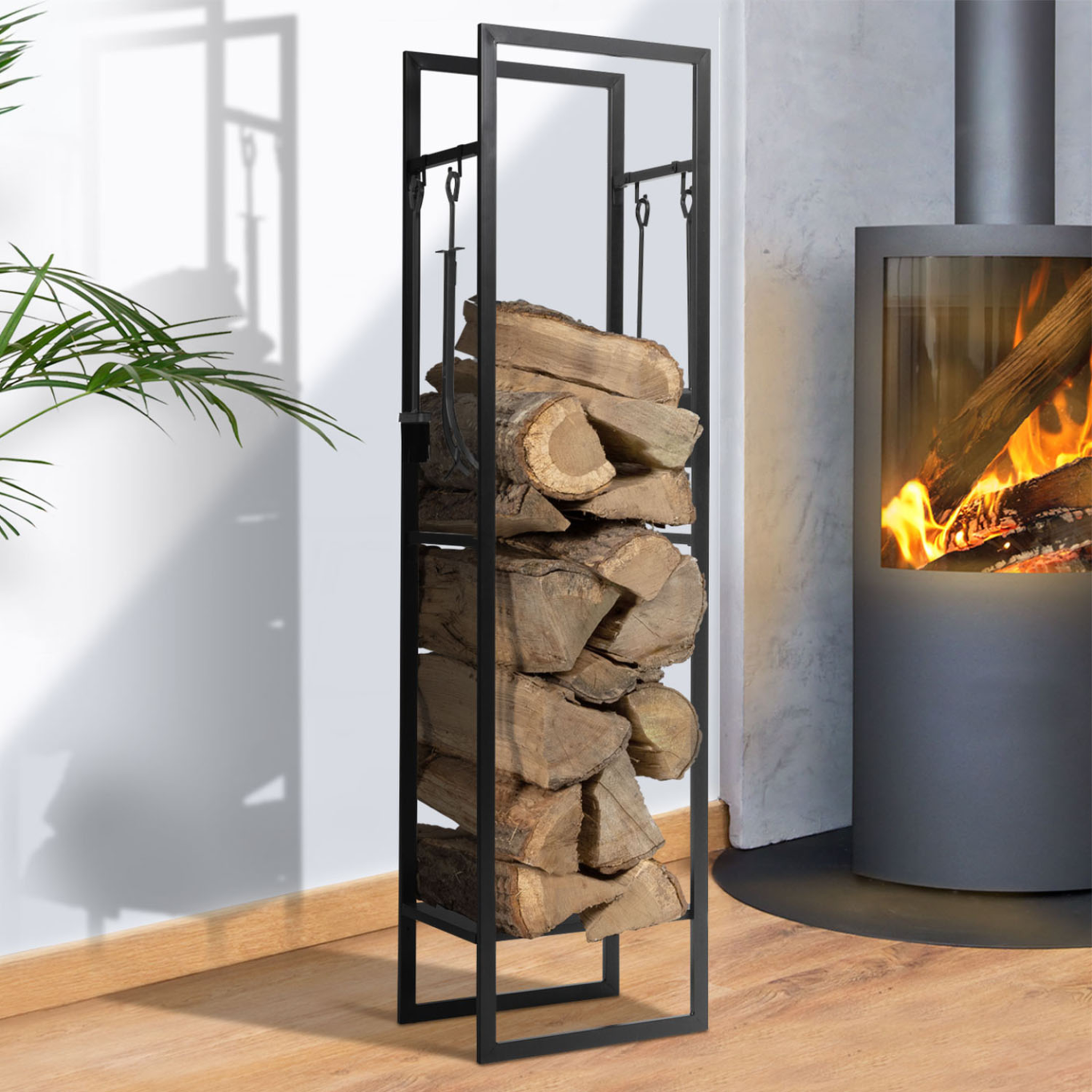 Voir la diapositive 2 : ID MARKET Range bûches vertical acier noir avec étagère et accessoires H. 170 CM pour cheminée