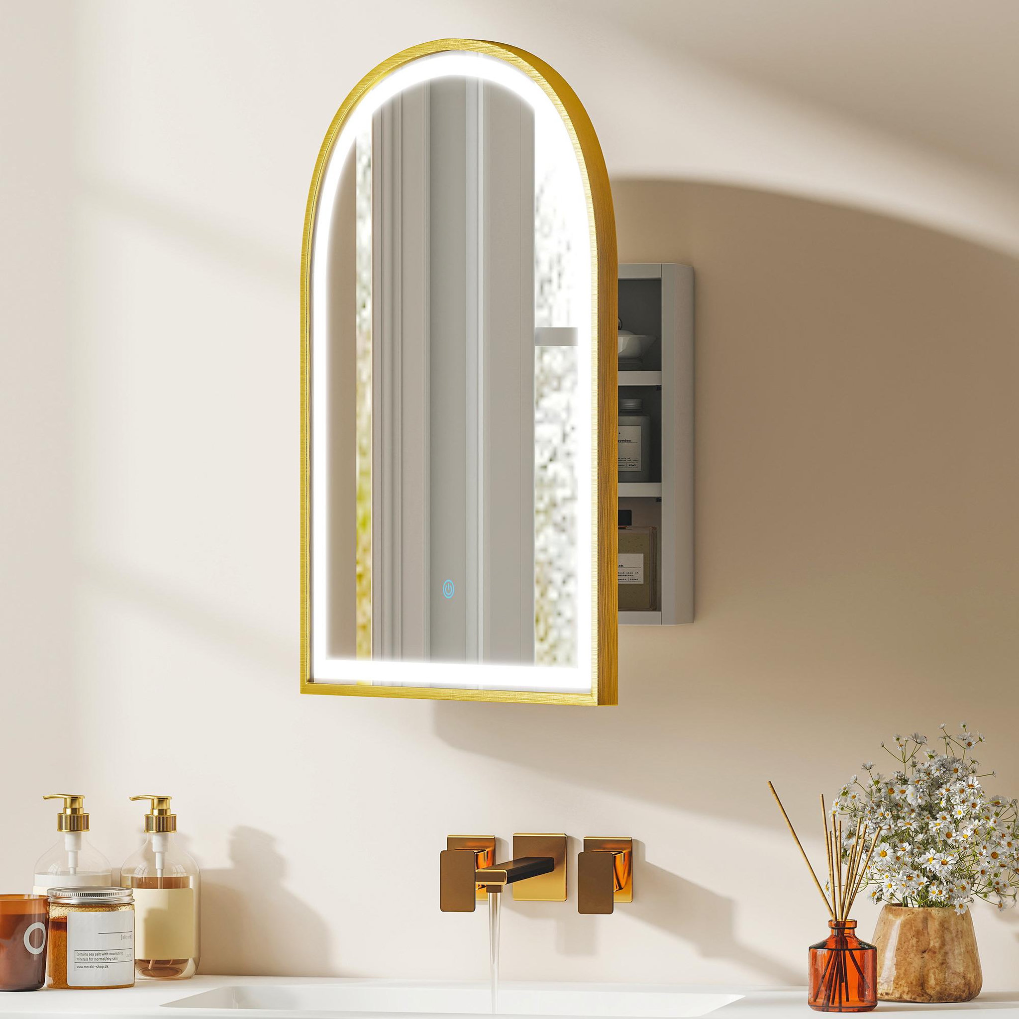 Voir la diapositive 6 : HOMCOM Armoire miroir led réglable salle de bain design arche alu brossé doré 2 étagères
