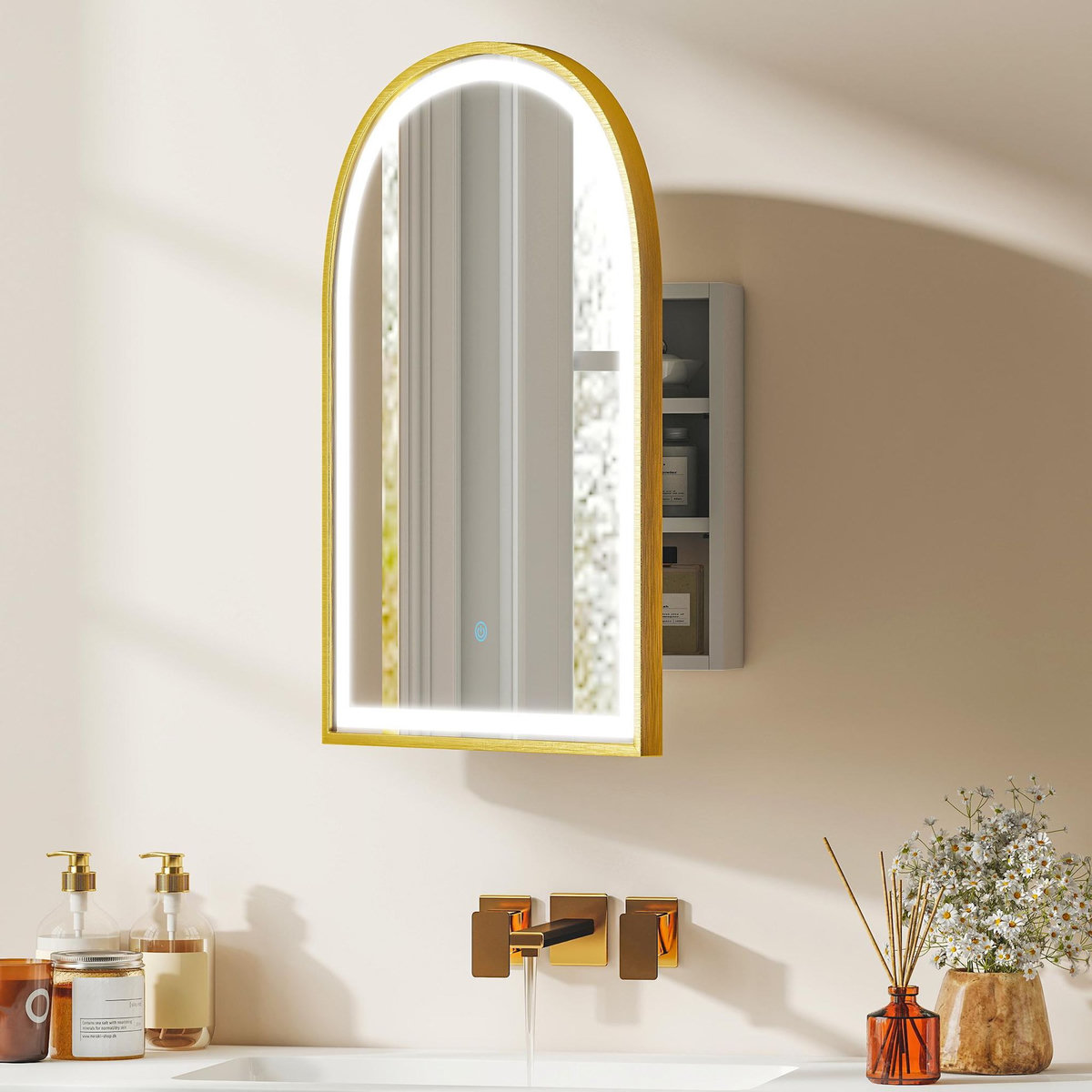 HOMCOM Armoire miroir LED réglable salle de bain design arche alu brossé doré 2 étagères