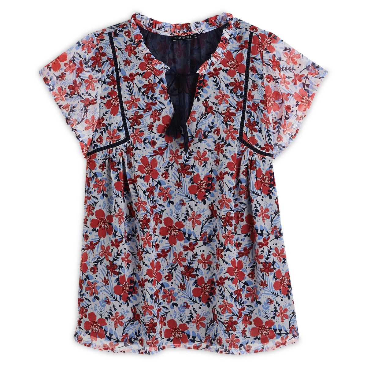 INEXTENSO Blouse manches papillons avec pompons à fleurs femme