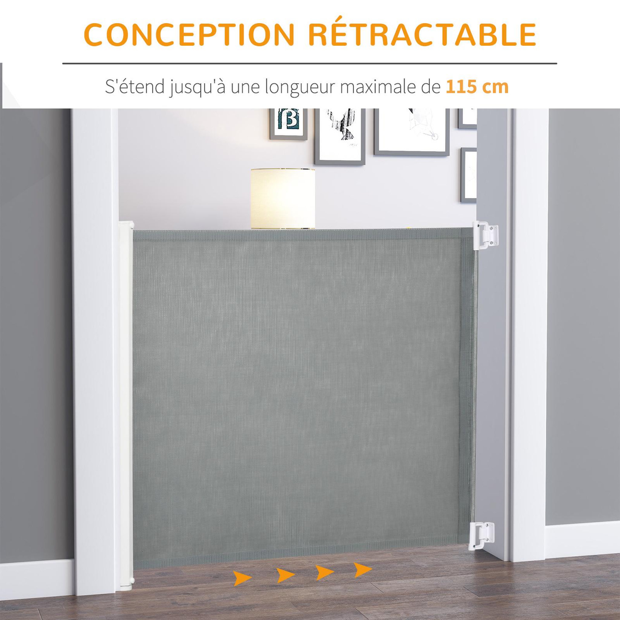 Voir la diapositive 4 : PAWHUT Barrière de sécurité barrière animaux rétractable automatique 1,15l x 0,83h m teslin métal gris