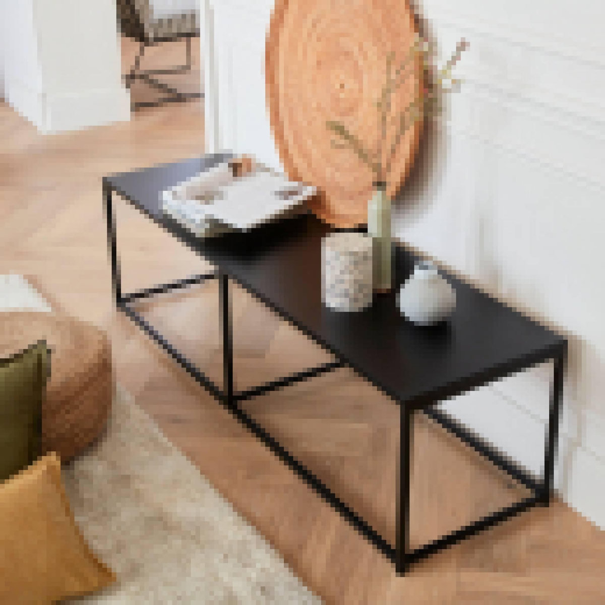 SWEEEK Meuble TV en métal noir 140x40x40cm - barre de renfort