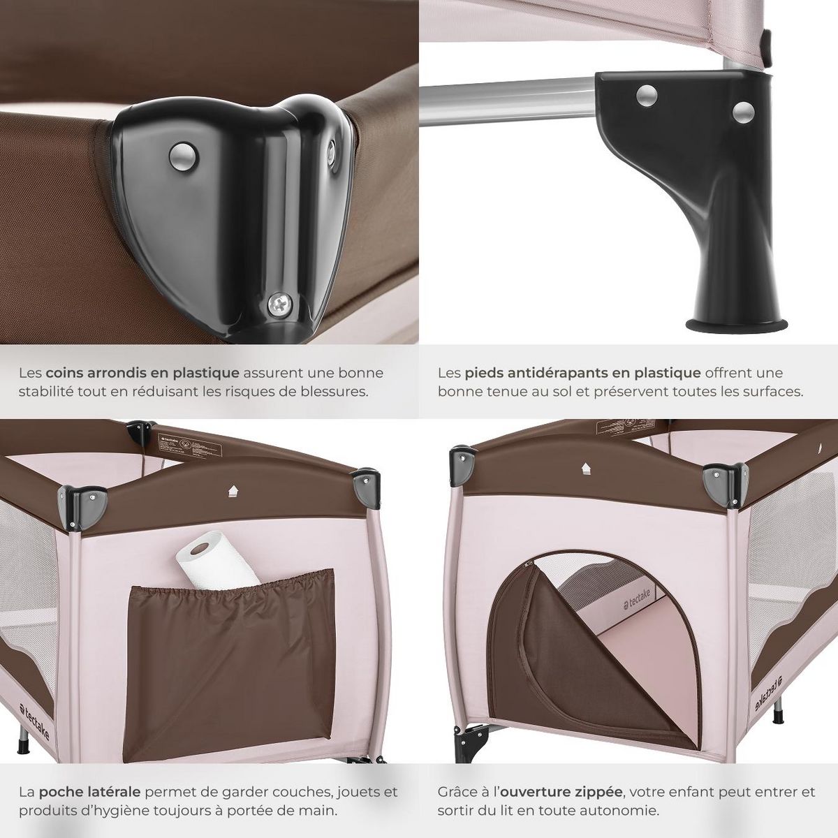 tectake Lit de voyage pour enfants peu encombrant pliable marron café