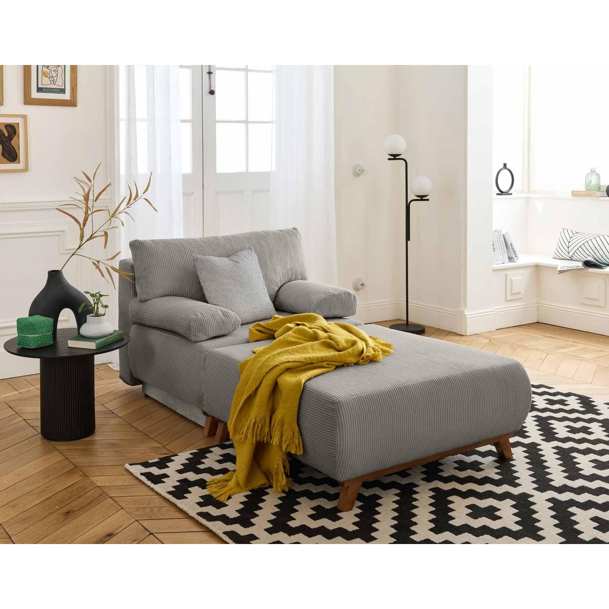 BEST MOBILIER Cristal - fauteuil - convertible avec coffre et grand pouf - en velours côtelé