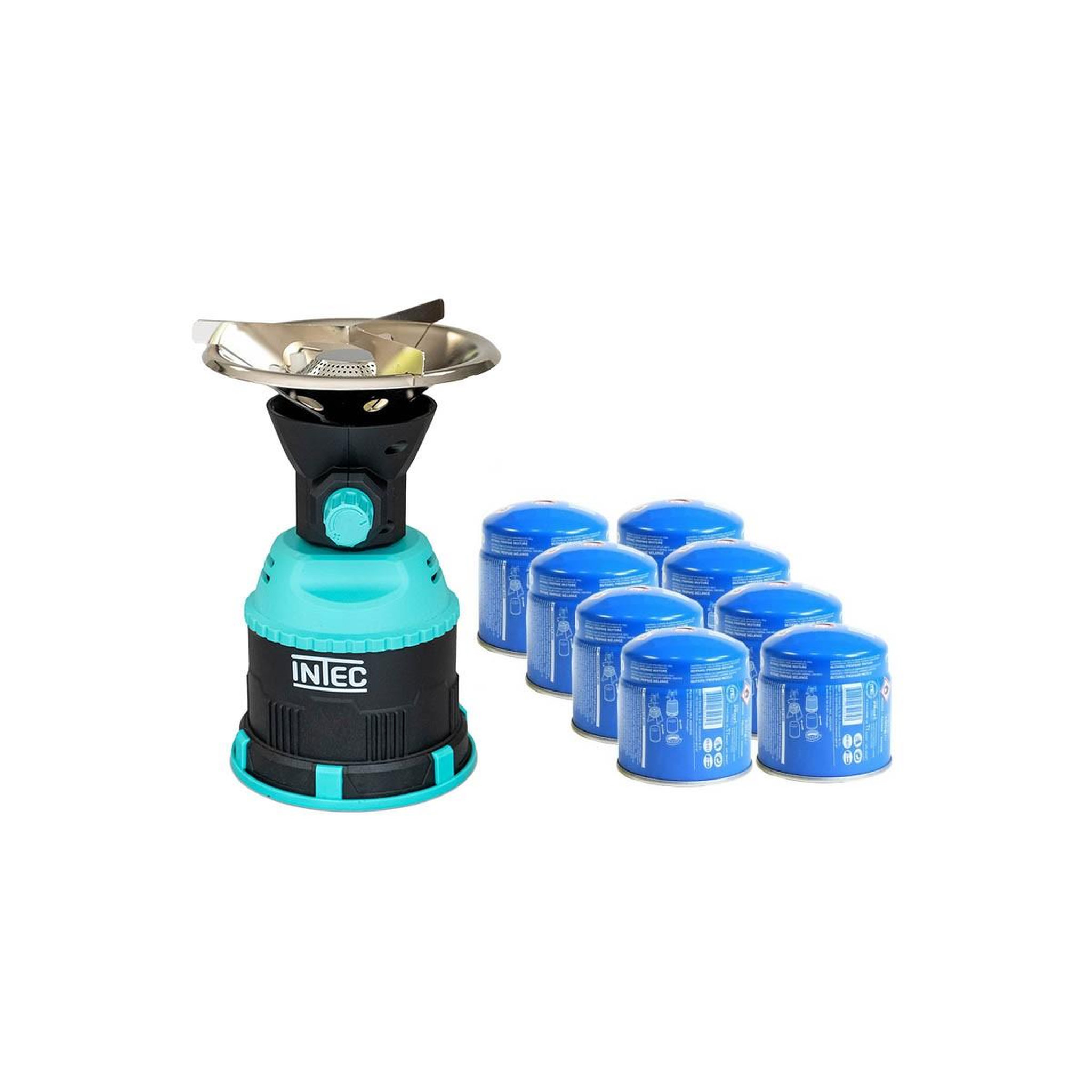Voir la diapositive 1 : INTEC Rechaud gaz 1200w piezo coque abs + 8 cartouches gaz 190 gr intec