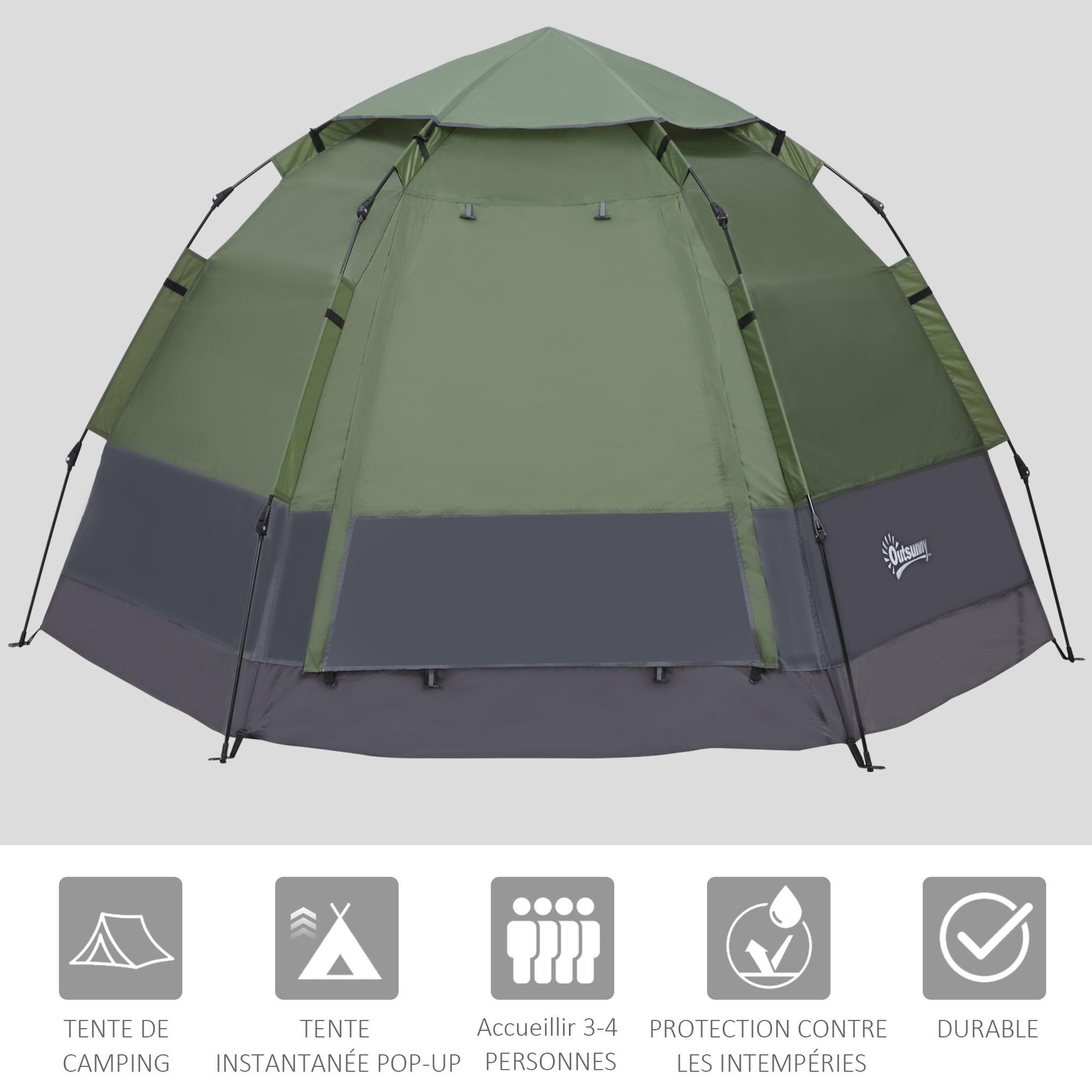 Voir la diapositive 4 : OUTSUNNY Tente pop up montage instantané - tente de camping 3-4 pers.  - 2 grandes portes - dim. 2,6l x 2,6l x 1,5h m fibre verre polyester oxford vert gris