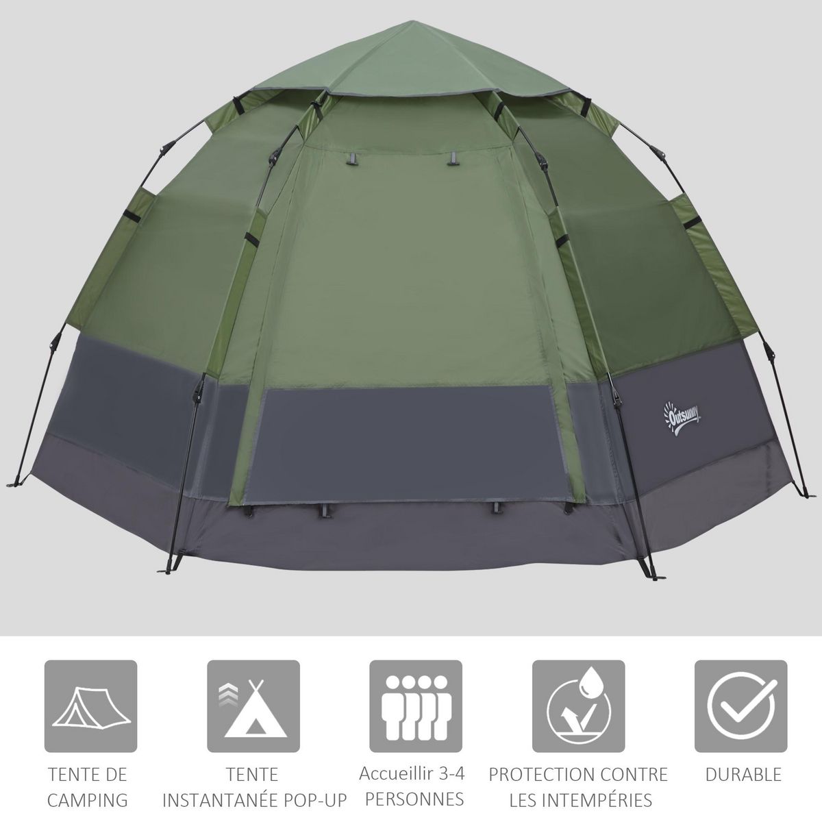 OUTSUNNY Tente pop up montage instantané - tente de camping 3-4 pers.  - 2 grandes portes - dim. 2,6L x 2,6l x 1,5H m fibre verre polyester oxford vert gris