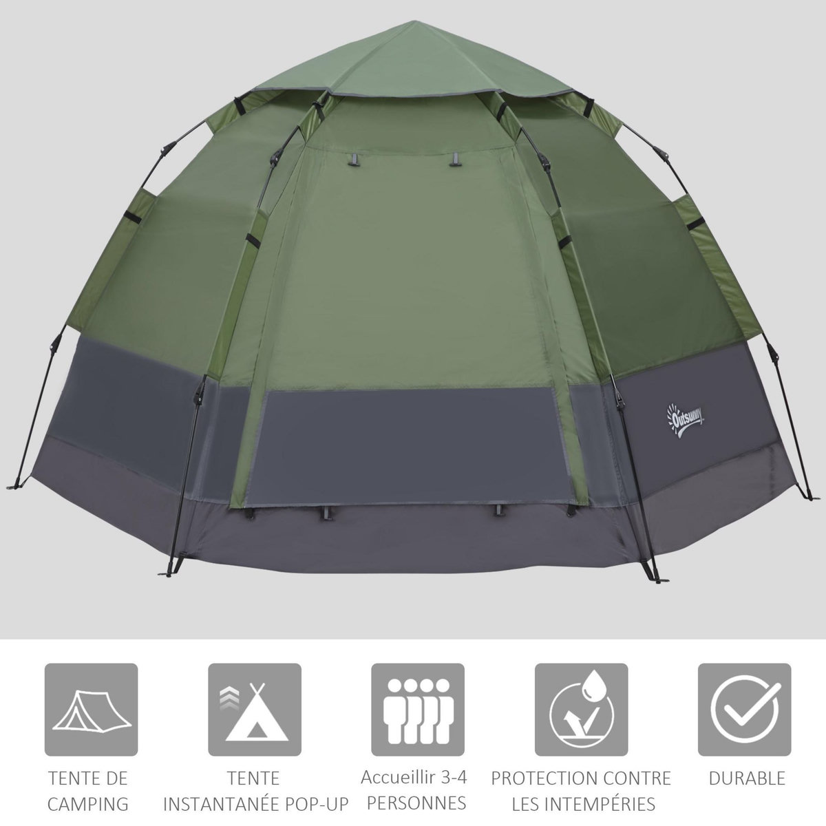 OUTSUNNY Tente pop up montage instantané - tente de camping 3-4 pers.  - 2 grandes portes - dim. 2,6L x 2,6l x 1,5H m fibre verre polyester oxford vert gris