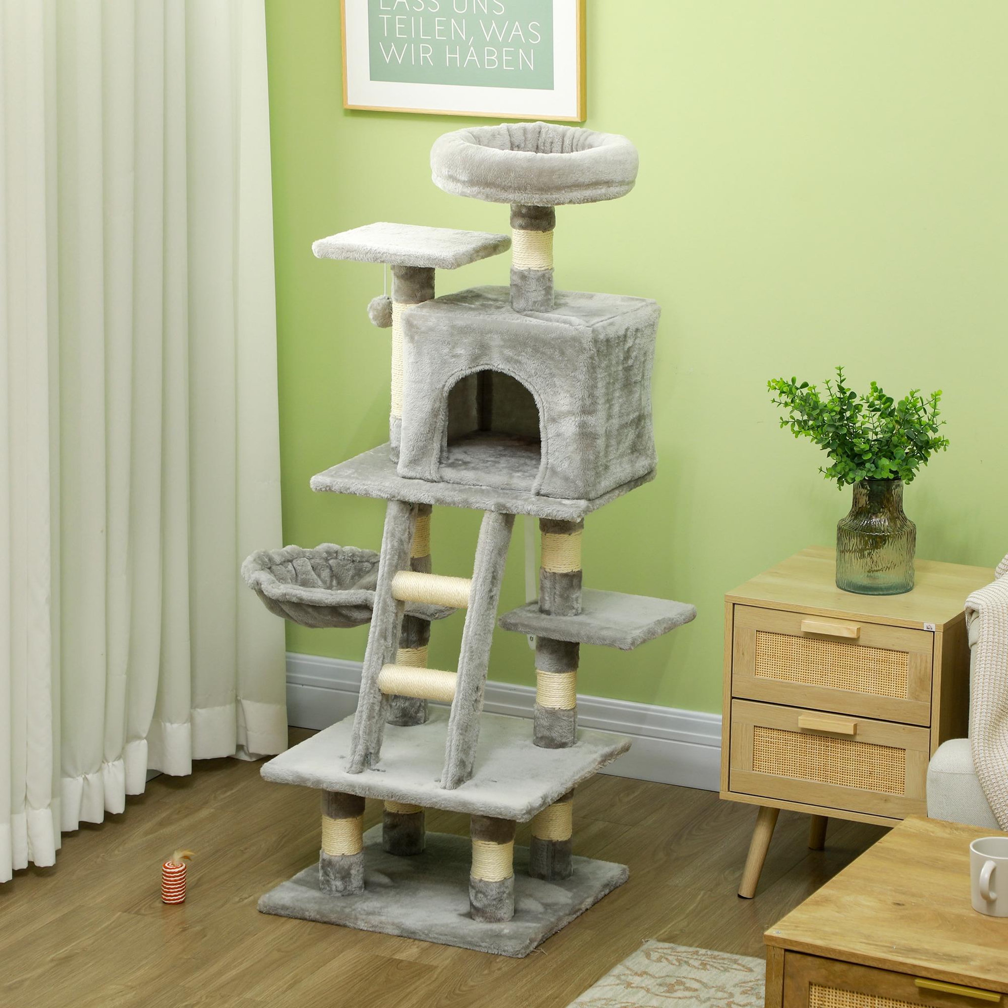 Voir la diapositive 2 : PAWHUT Arbre à chat multi-équipements griffoirs grattoirs niche plateformes + échelle + hamac + boule suspendue gris