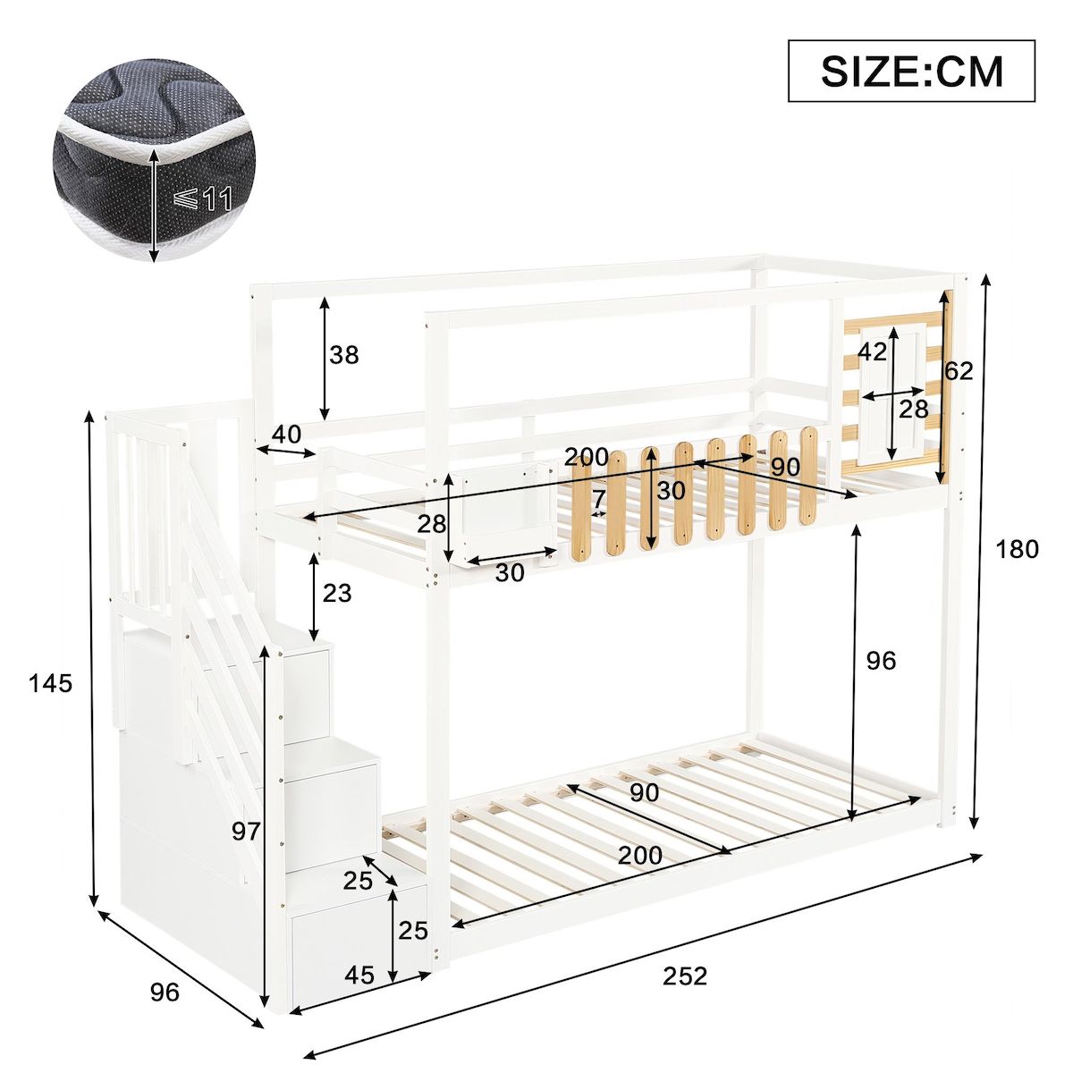 MERAX Lit superposé 90x200cm coloris blanc+naturel pin et mdf