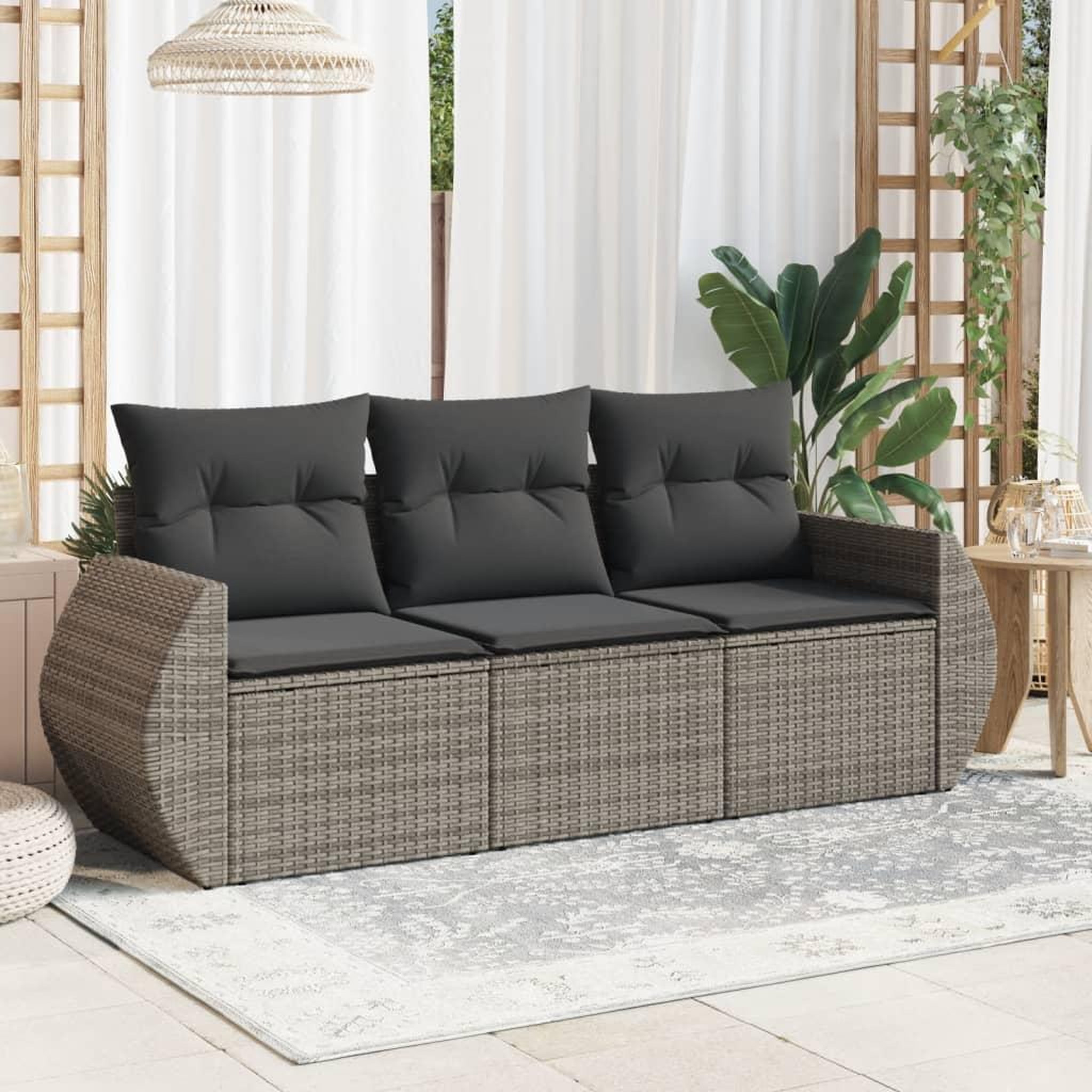 VIDAXL Salon de jardin avec coussins 3 pcs gris resine tressee