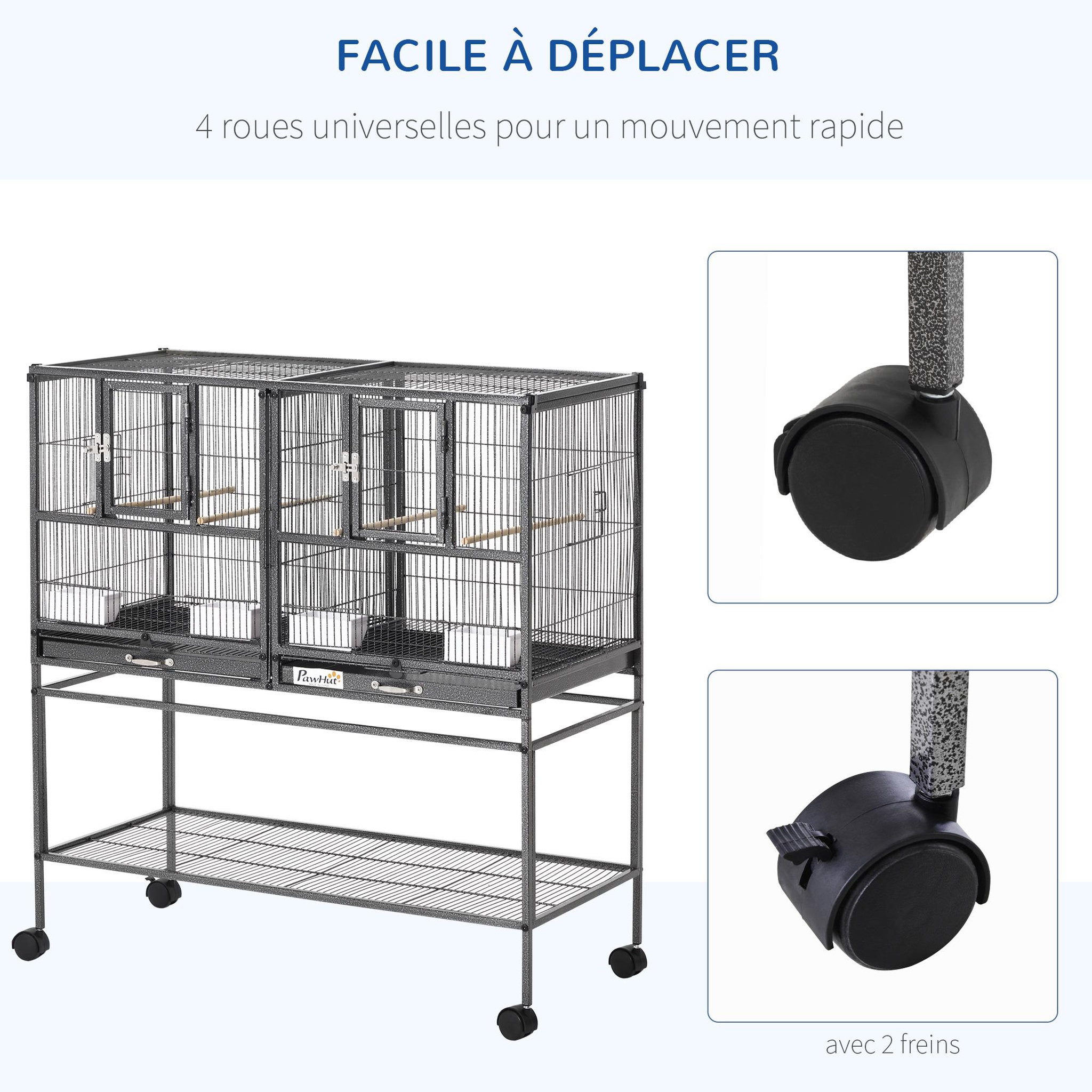 Voir la diapositive 5 : PAWHUT Cage à oiseaux avec séparation mangeoire et perchoir 95L x 45l x 102H cm Noir et Gris