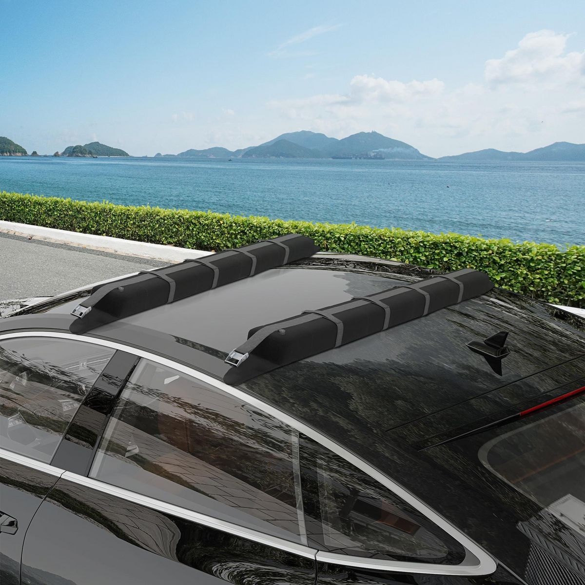 HOMCOM Lot de 2 barres de toit gonflable - adaptable sur la plupart des voitures - charge max. 75 Kg - sangles, sac inclus - EVA nylon noir