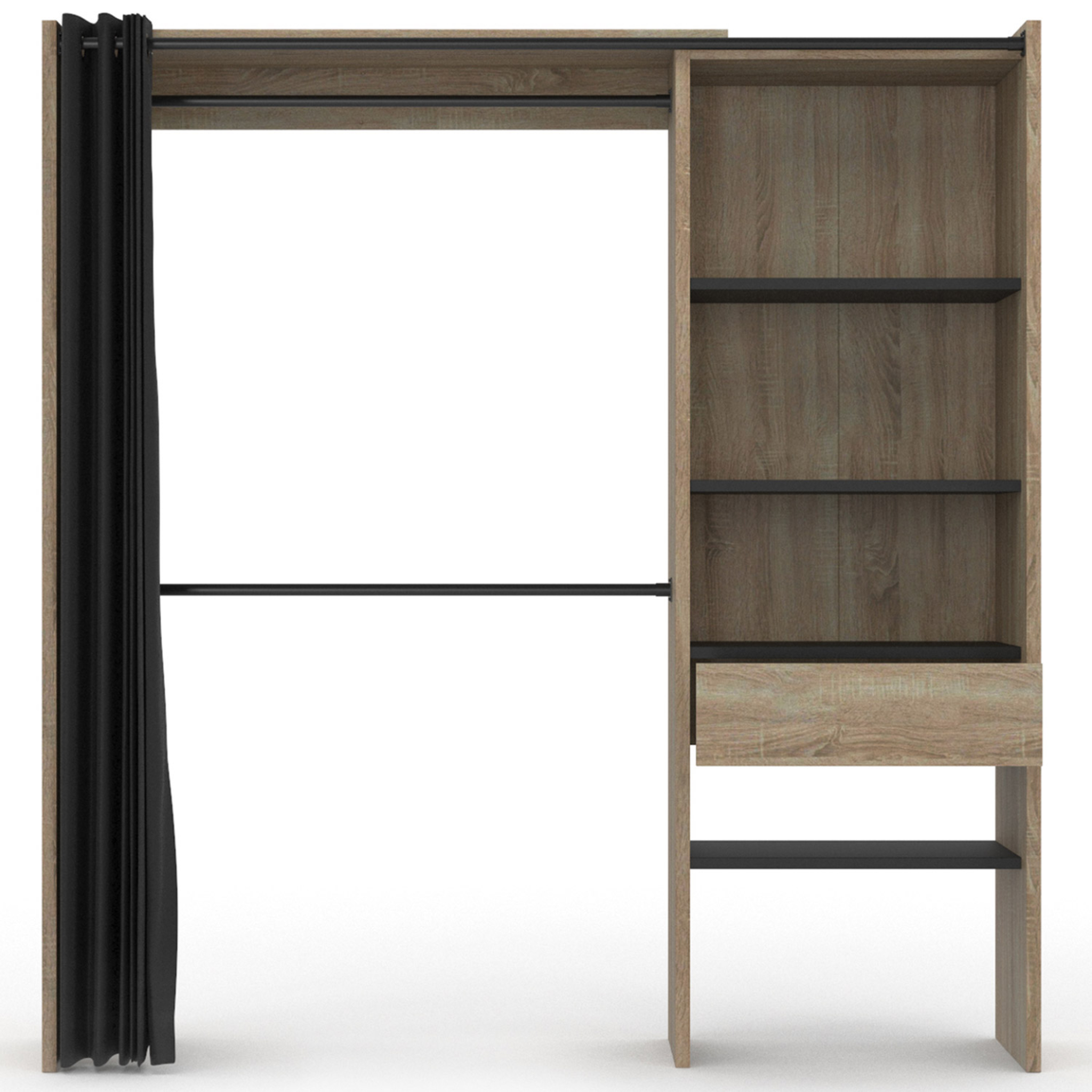 Voir la diapositive 3 : ID MARKET Dressing extensible marty 120/170 x 50 x 180 cm hêtre avec étagères + double penderie + rideau noir