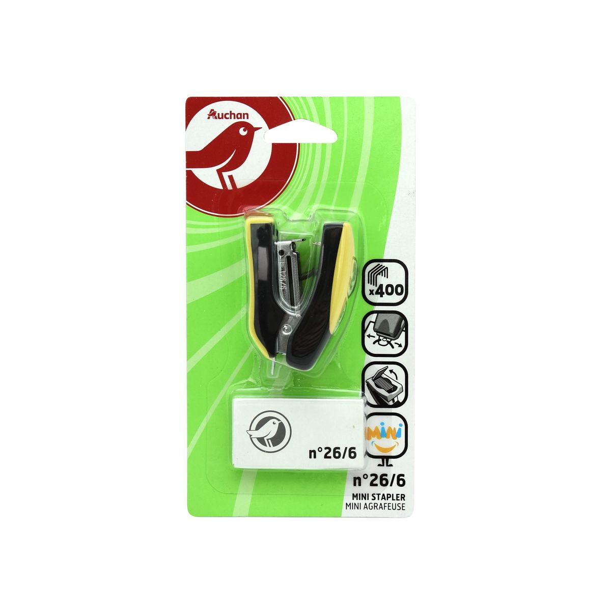 AUCHAN Mini agrafeuse + 400 agrafes n°26/6 - noir et jaune