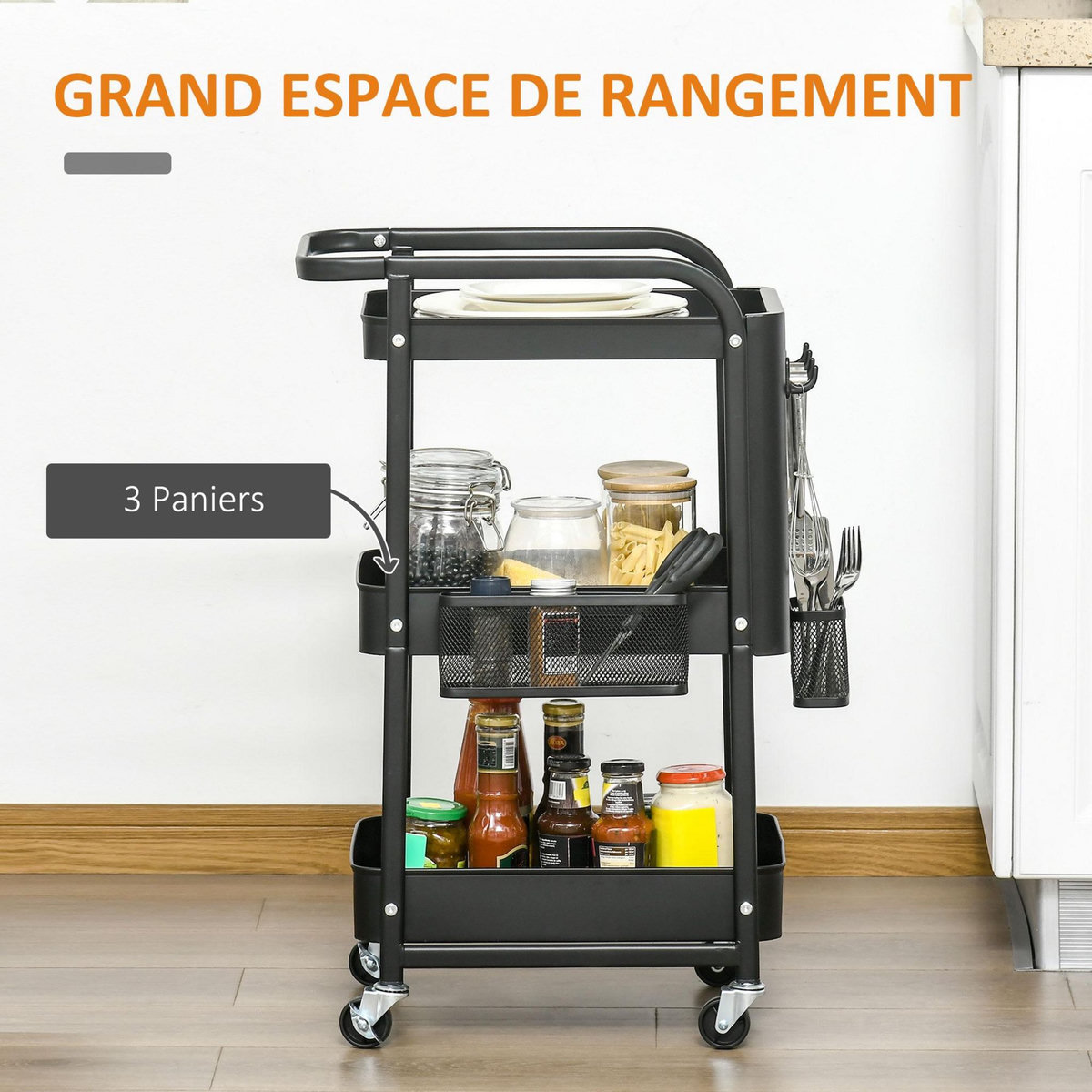 HOMCOM Desserte chariot de rangement en métal à roulettes 3 niveaux avec 2 range-couverts 4 crochets dim.51,5L x 32l x 75,6H cm