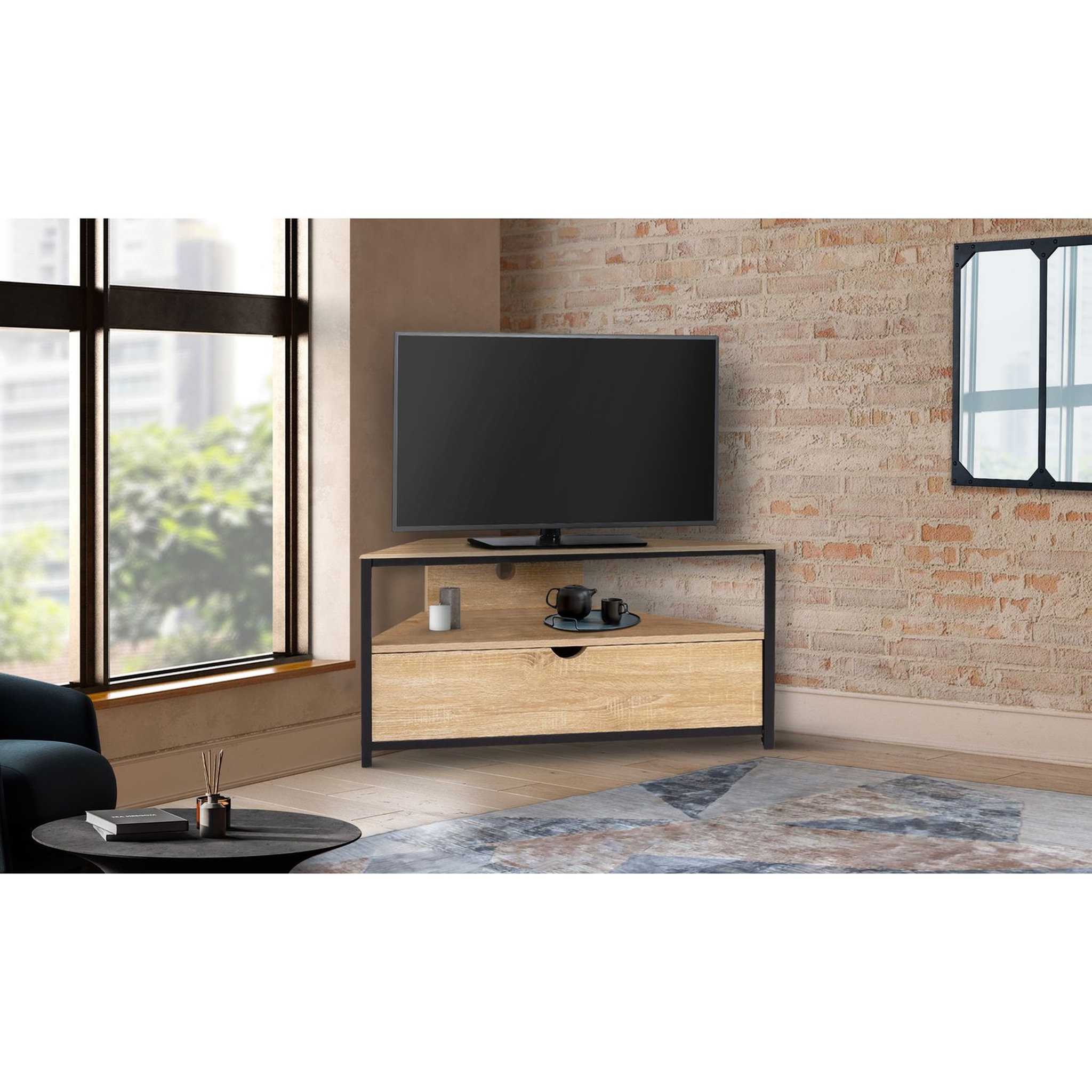 Voir la diapositive 1 : Meuble TV d'angle 1 tiroir 1 niche L100 cm HOUSTON