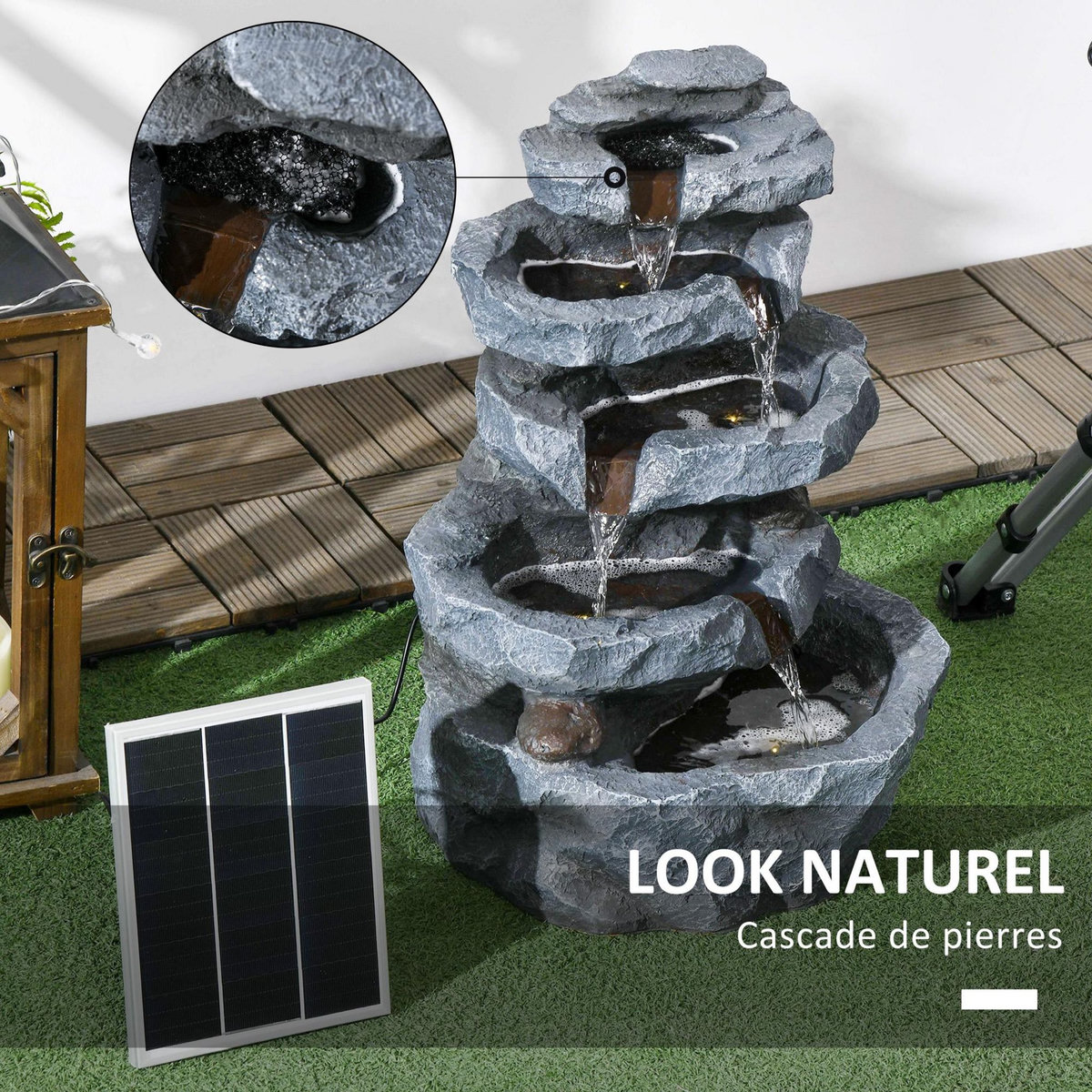 OUTSUNNY Fontaine de jardin à énergie solaire - fontaine roche cascade 5 niv. LED pompe incluse - résine gris