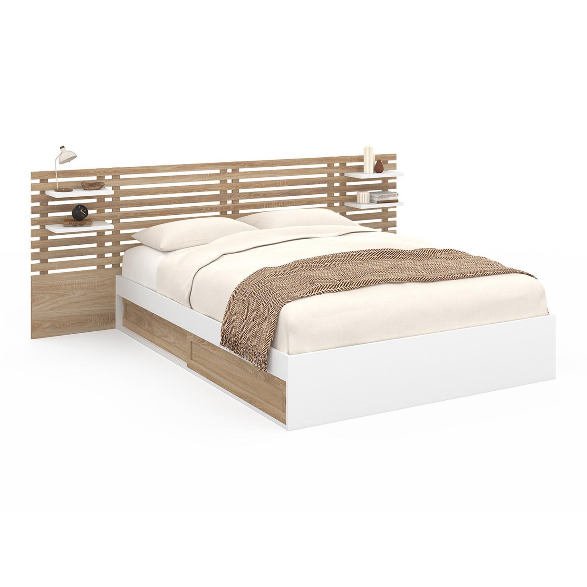 ID MARKET Lit double savana avec tête de lit, chevets, rangements et sommier 140 x 190 cm hêtre et blanc