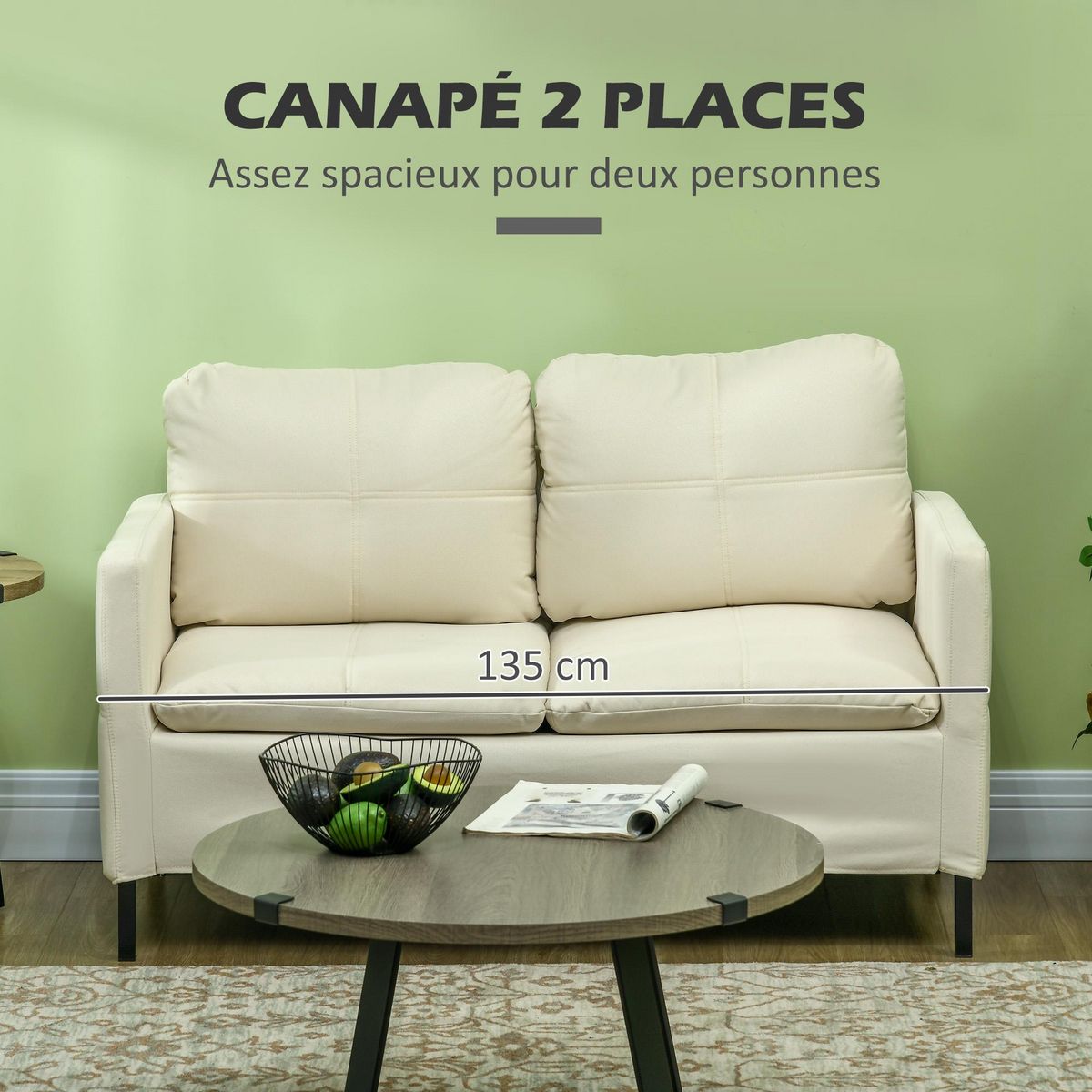 HOMCOM Canapé 2 places design contemporain - surpiqûres effet capitonné - piètement acier noir tissu crème