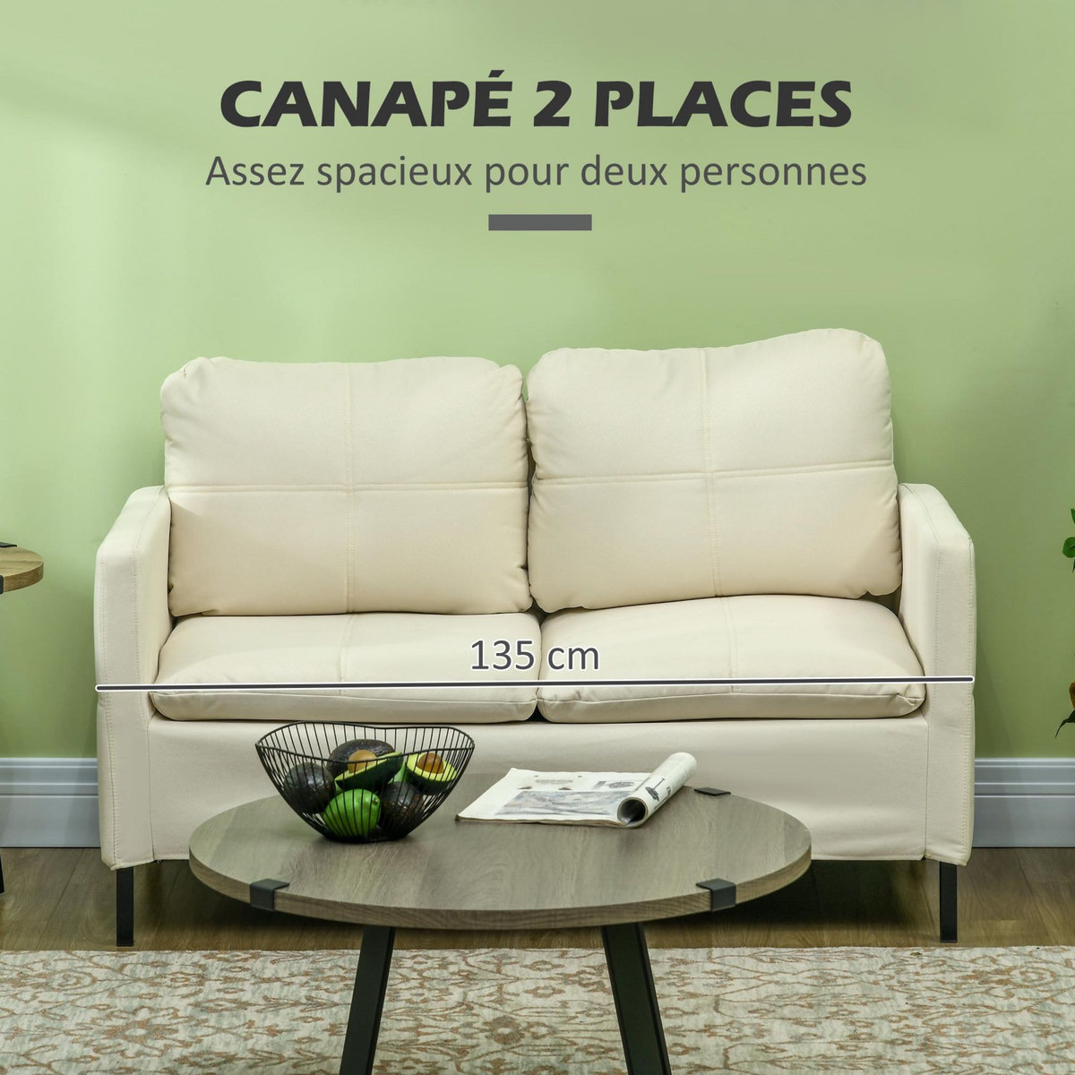HOMCOM Canapé 2 places design contemporain - surpiqûres effet capitonné - piètement acier noir tissu crème