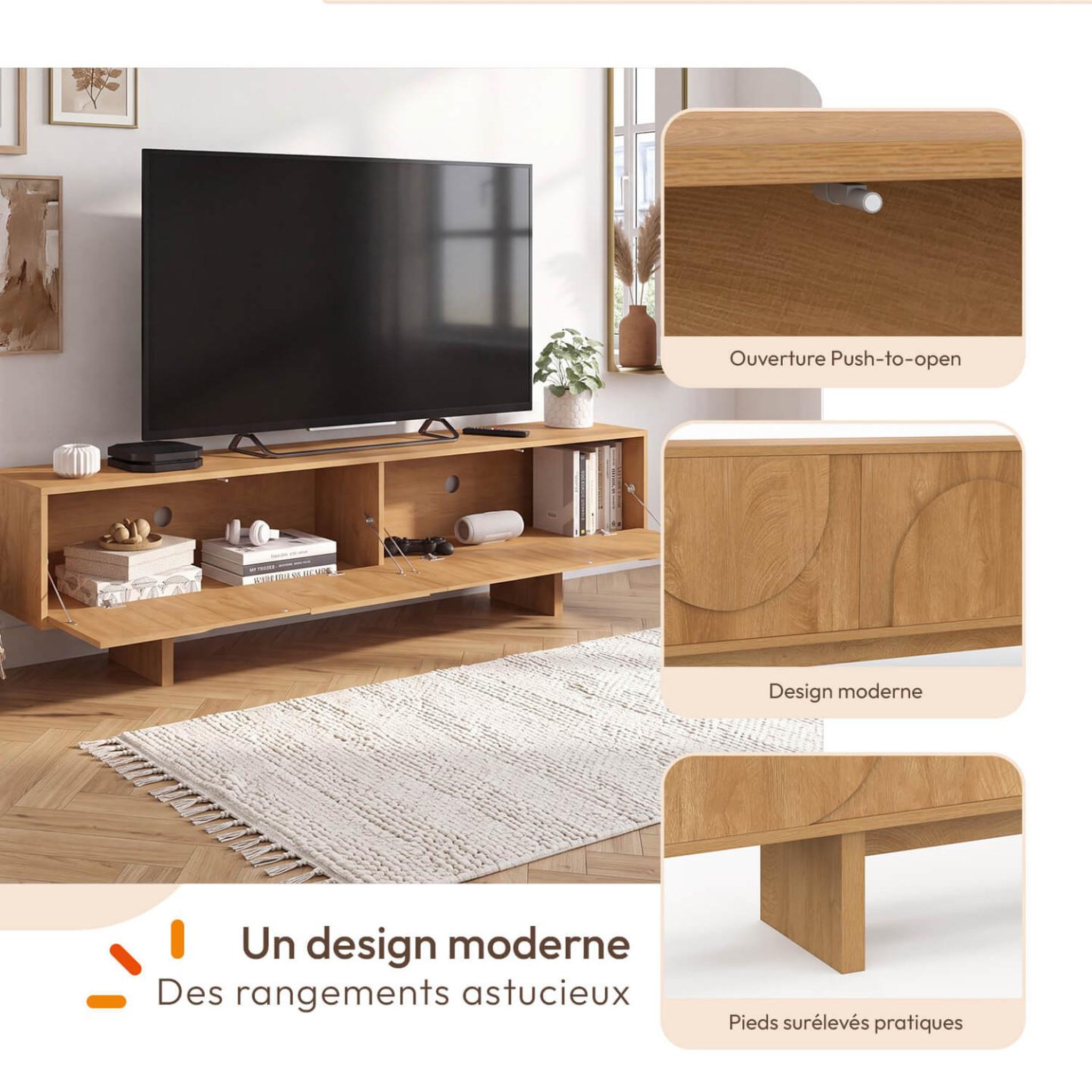Voir la diapositive 3 : ID MARKET Meuble TV 180 cm ARVIN 2 portes avec reliefs arrondis bois clair