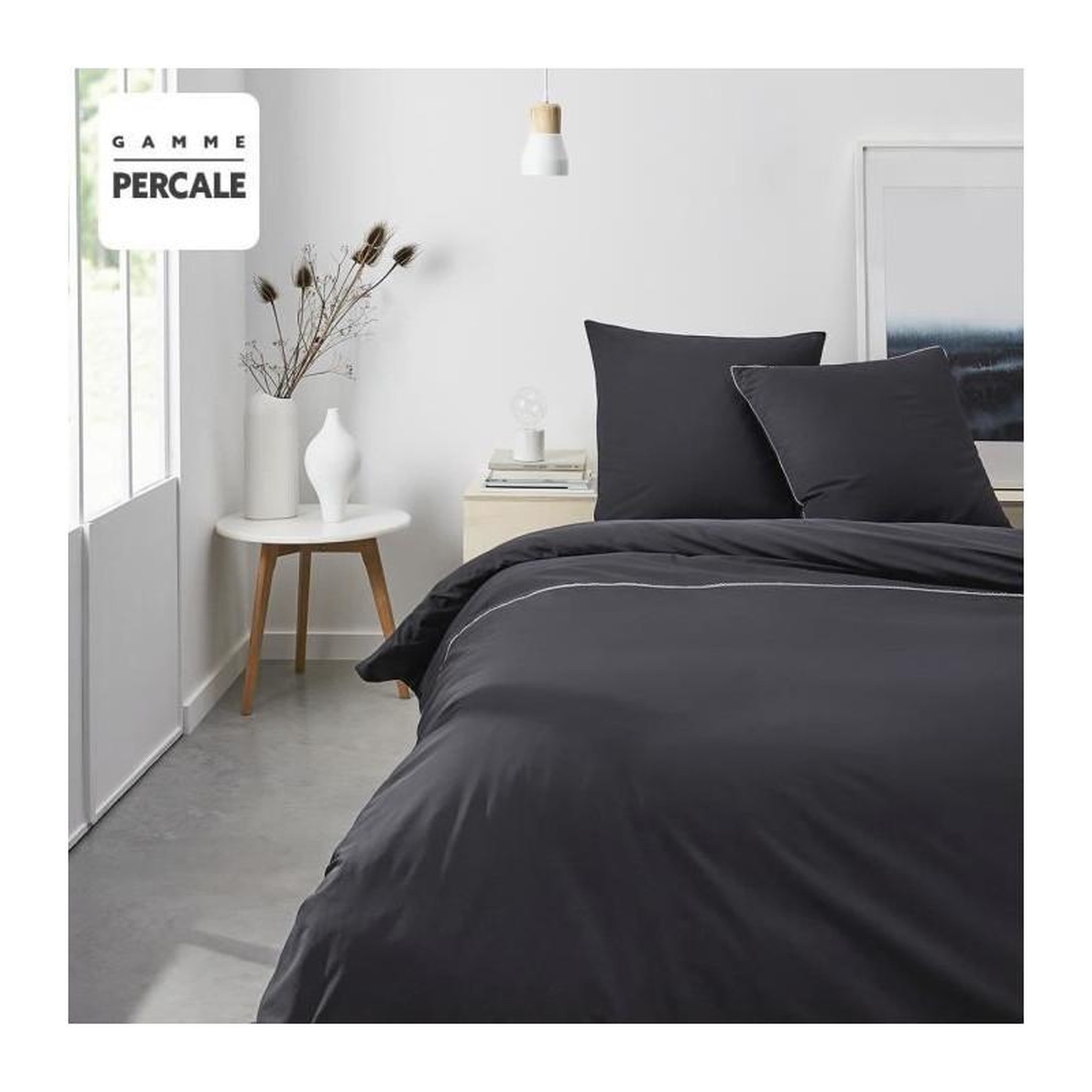 Voir la diapositive 2 : Today Parrure de lit TODAY Prestige - 220 x 240 cm - 2 personnes - 100% Percale Finition dentelle - Fusain