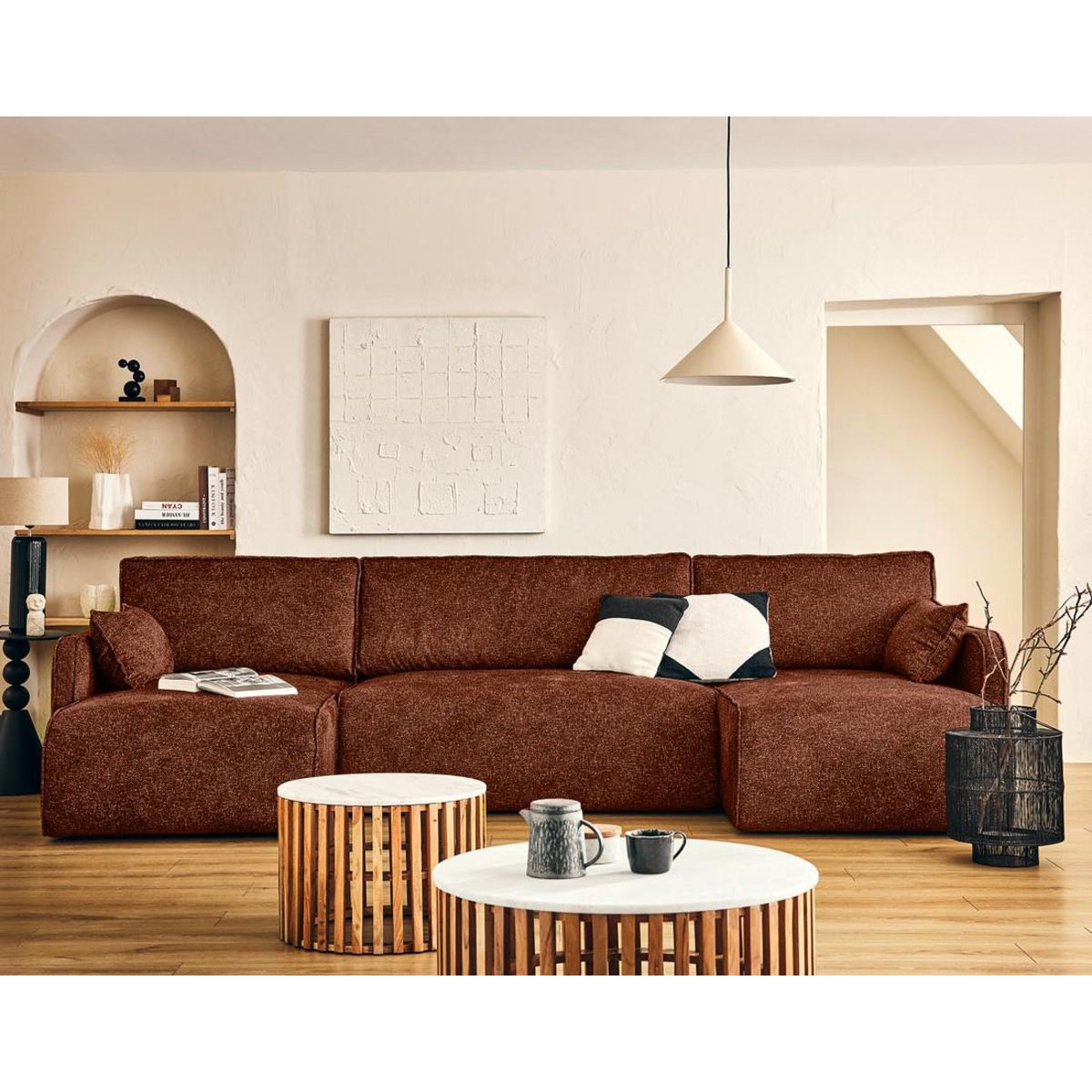 LISA DESIGN Apolline - canapé panoramique en u 7 places convertible avec coffres en tissu moucheté