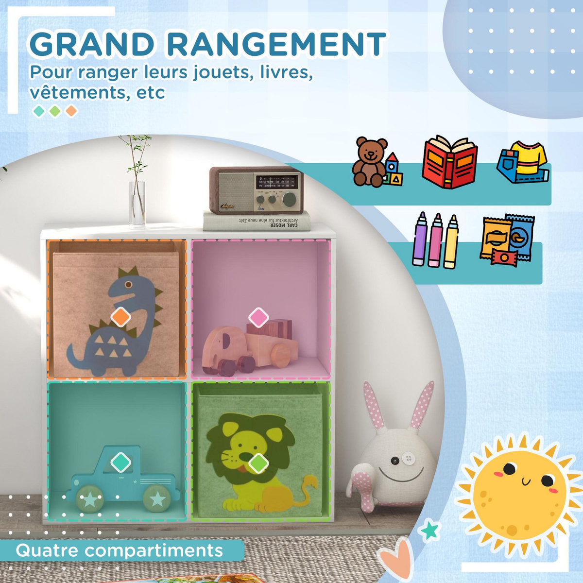 HOMCOM Meuble de rangement jouets enfant étagère de jouet pour chambre d'enfant 4 casiers 2 tiroirs non tissé MDF blanc