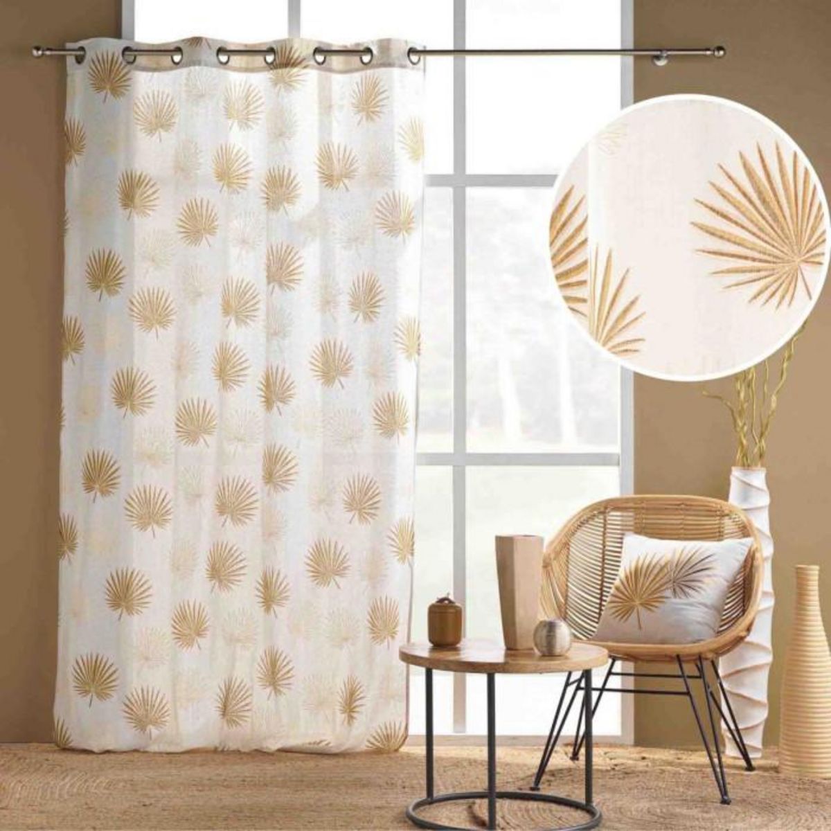 Paris Prix Rideau à Œillets Imprimé Métallisé  Lotus  140x240cm Ocre