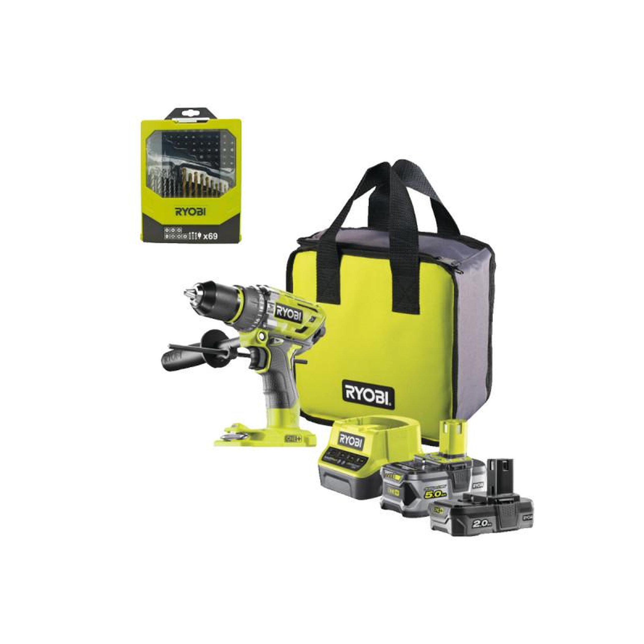 Voir la diapositive 1 : Ryobi Pack RYOBI Perceuse-visseuse percussion R18PD7-252S Brushless - 2 batteries 5.0 - 2.0Ah - Chargeur