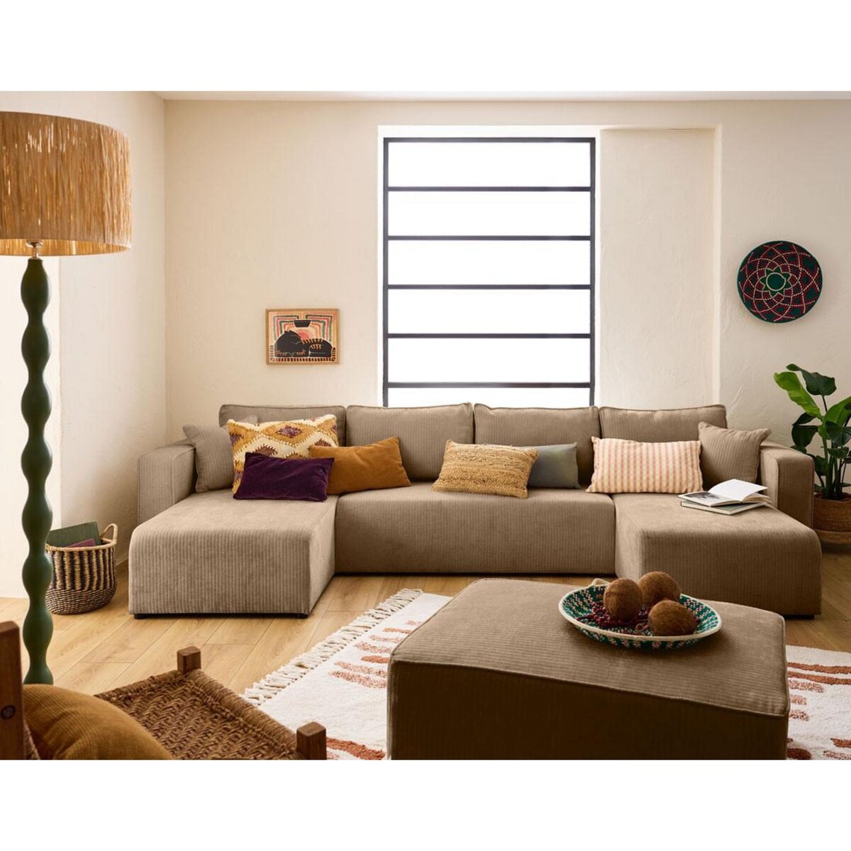 BEST MOBILIER Topaze - canapé panoramique en u - 7 places - convertible avec coffre - en velours côtelé plat