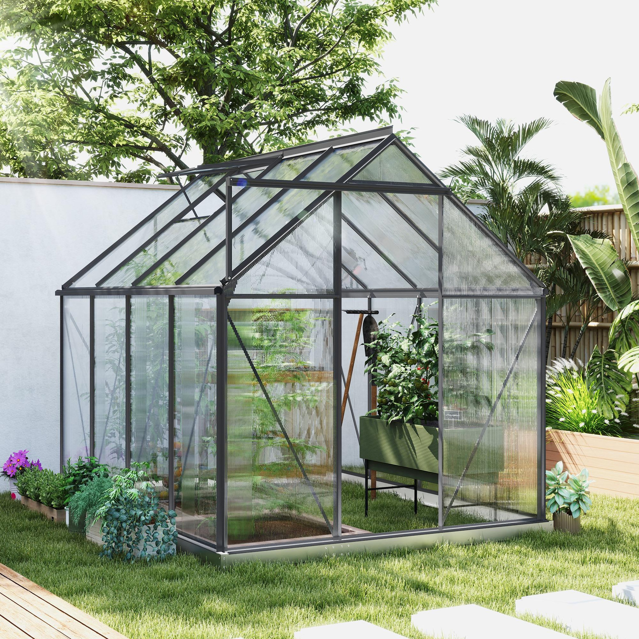 Voir la diapositive 2 : OUTSUNNY Serre de jardin polycarbonate alu 4,8 m² dim. 2,53l x 1,9l x 1,99h m lucarne réglable fondation porte coulissante gris