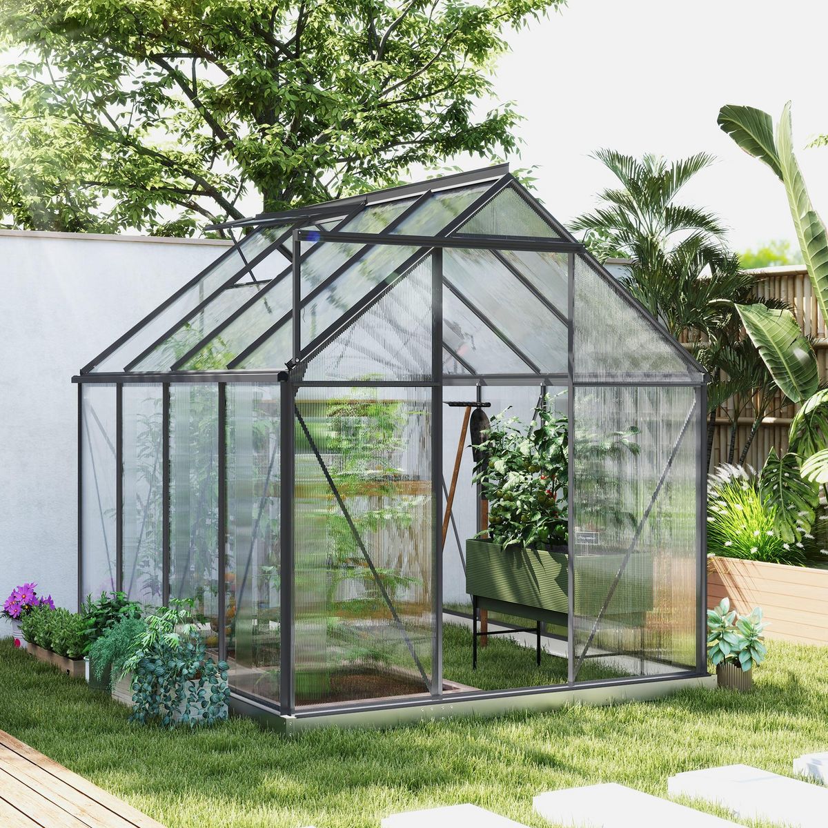 OUTSUNNY Serre de jardin polycarbonate alu 4,8 m² dim. 2,53L x 1,9l x 1,99H m lucarne réglable fondation porte coulissante gris