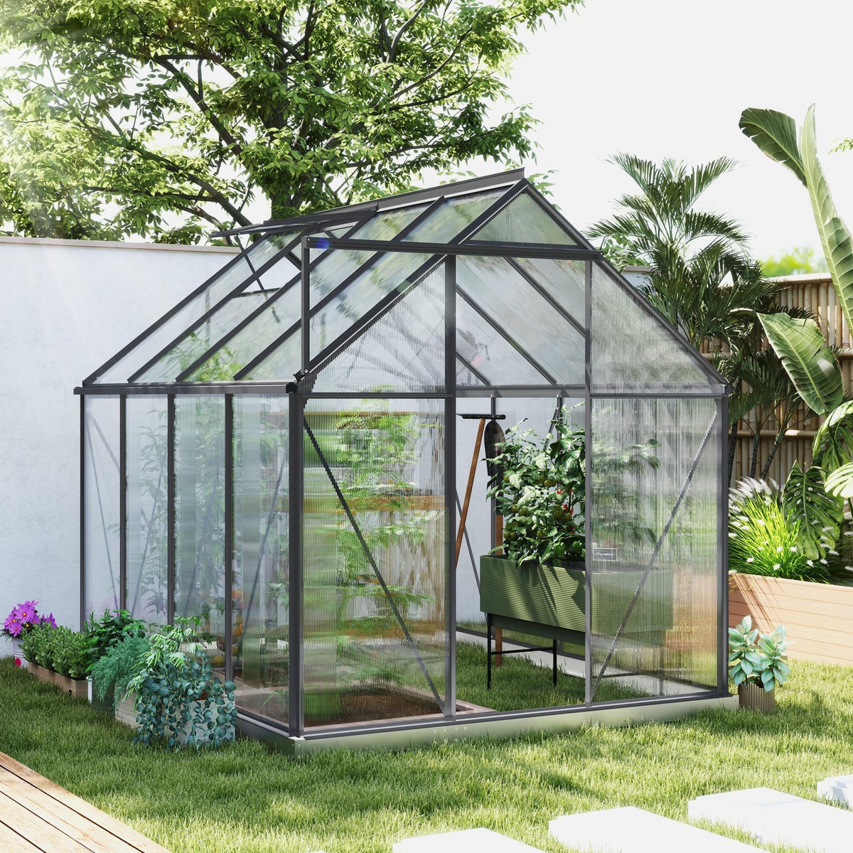 OUTSUNNY Serre de jardin polycarbonate alu 4,8 m² dim. 2,53L x 1,9l x 1,99H m lucarne réglable fondation porte coulissante gris