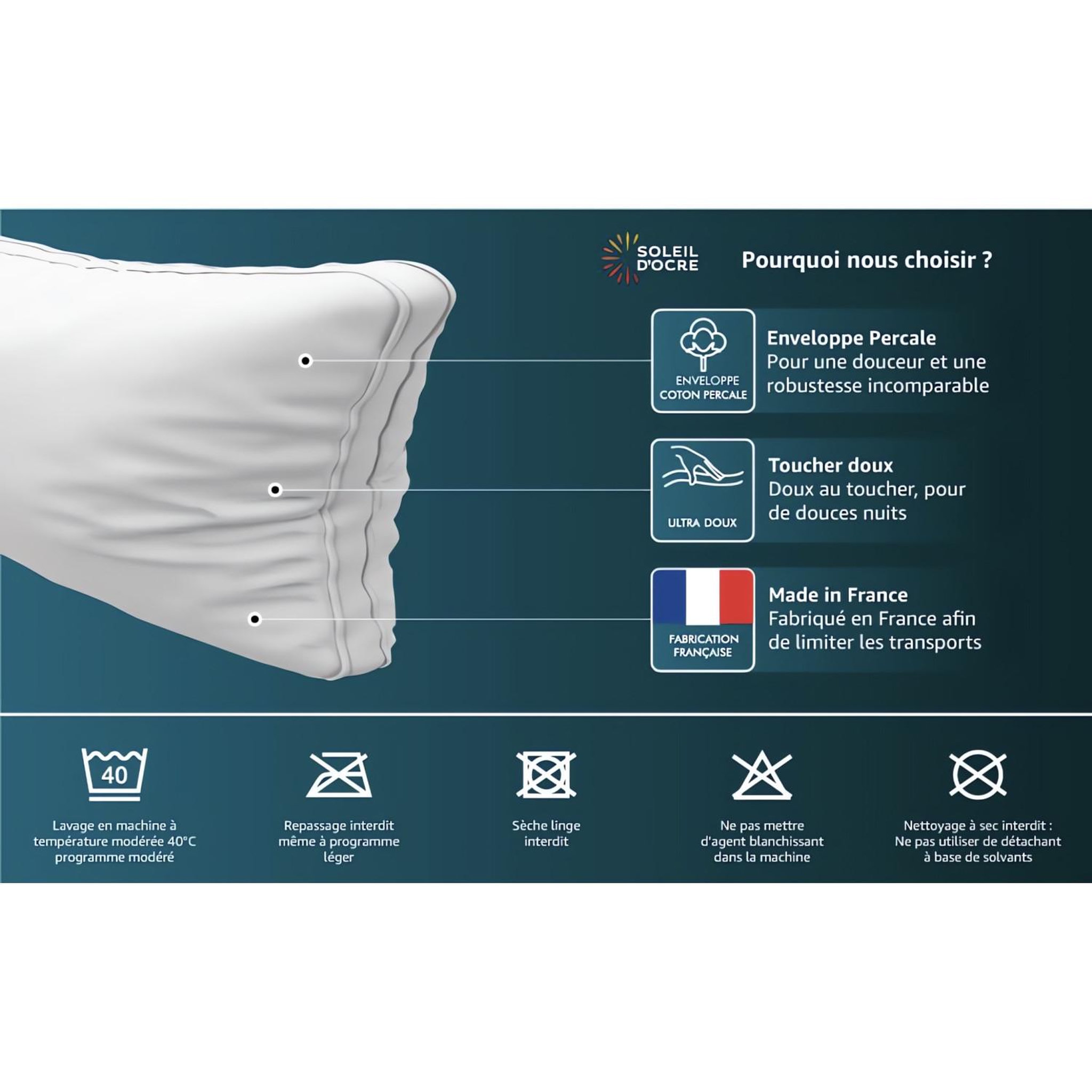 Voir la diapositive 2 : SOLEIL D'OCRE Traversin plat en coton NUAGE, par Soleil d'ocre