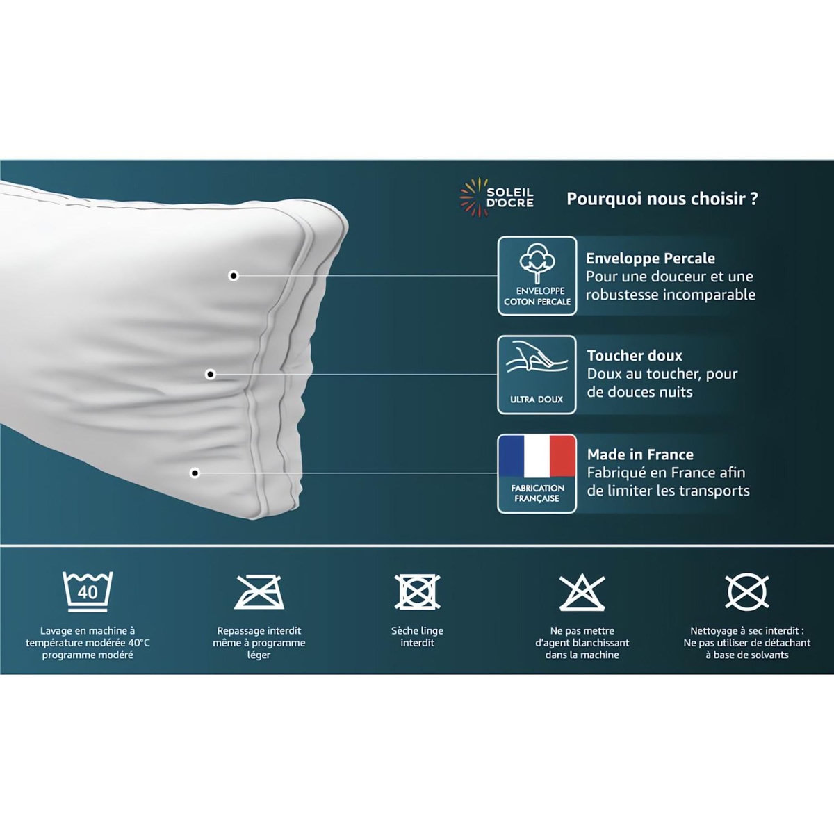 SOLEIL D'OCRE Traversin plat en coton NUAGE, par Soleil d'ocre