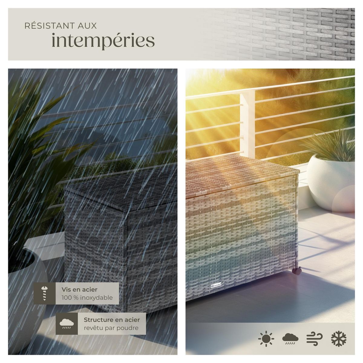 tectake Coffre de jardin caisse de rangement pour coussins 297 l, avec cadre en aluminium et tressage en rotin gris