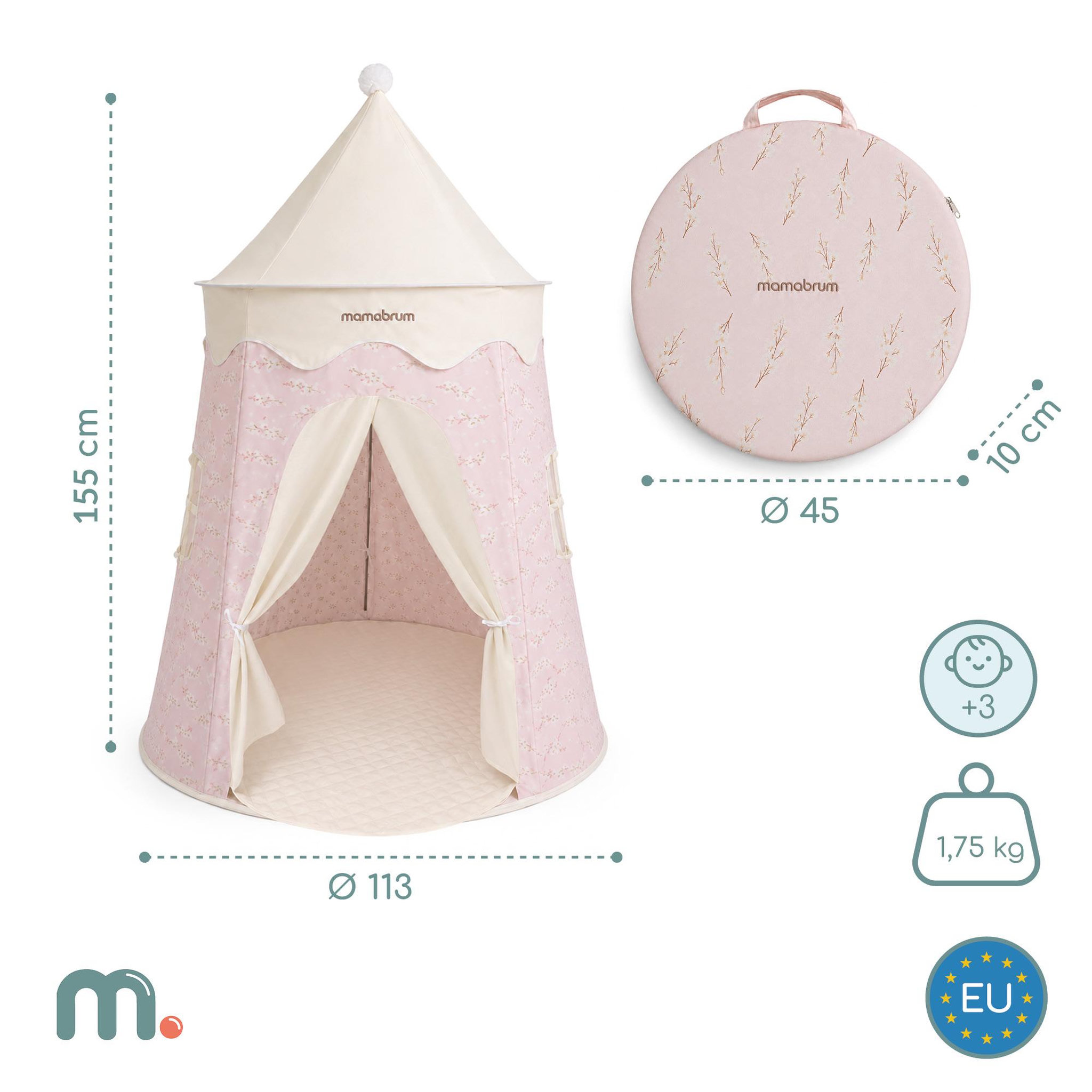 Voir la diapositive 3 : MAMABRUM Tente Tipi Enfant, Désign Château avec Guirlande LED et Tapis  de Jeu, 113x155 cm Mamabrum