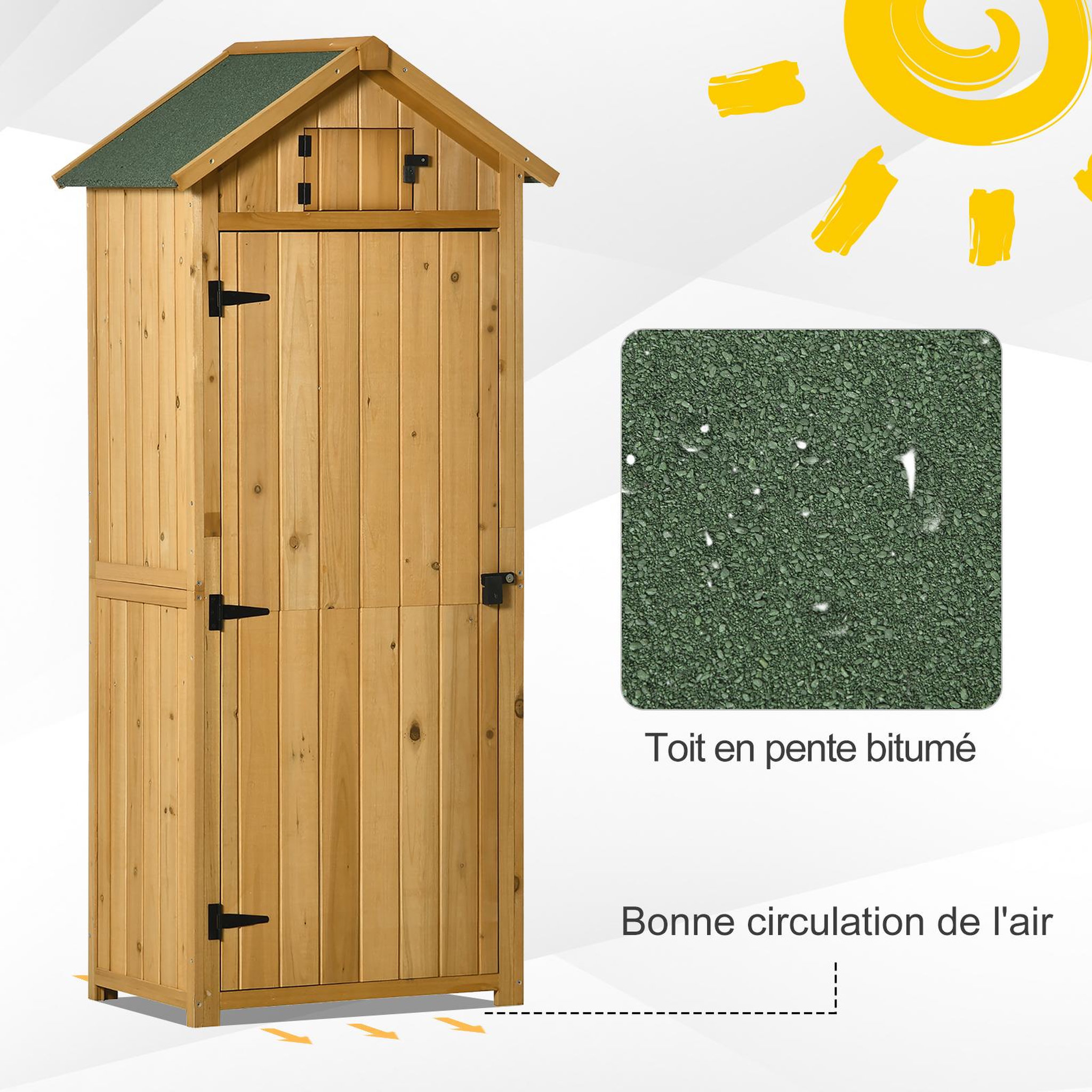 Voir la diapositive 5 : OUTSUNNY Armoire abri de jardin remise pour outils 3 étagères 2 portes loquets toit pente bitumé 77L x 54l x 179H cm sapin traité lasuré