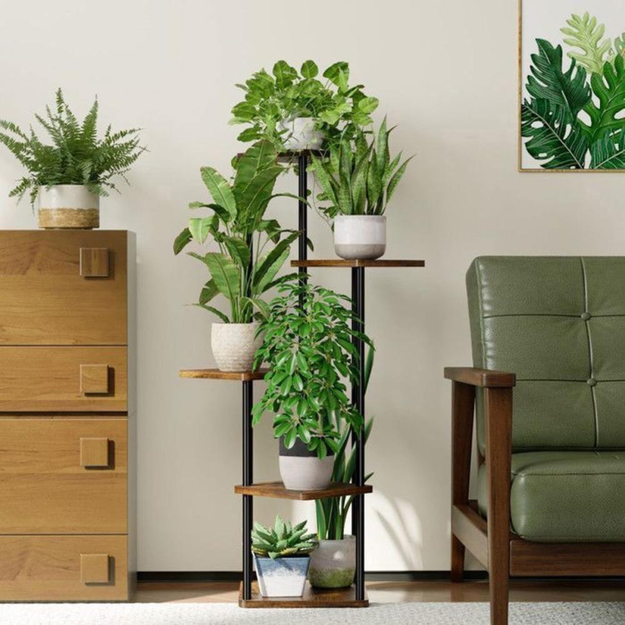 Voir la diapositive 3 : Présentoir à plantes 5 niveaux métal et MDF brun 30 x 30 cm, hauteur 106,7 cm, cadre noir, pour intérieur