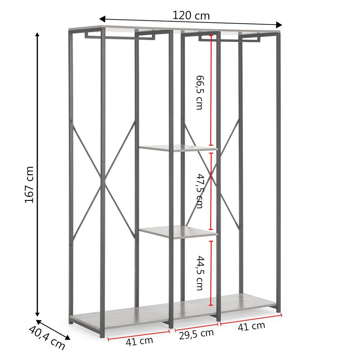 VS VENTA-STOCK Portemanteau Jana 3 étagères 2 barres, couleur chêne/noir