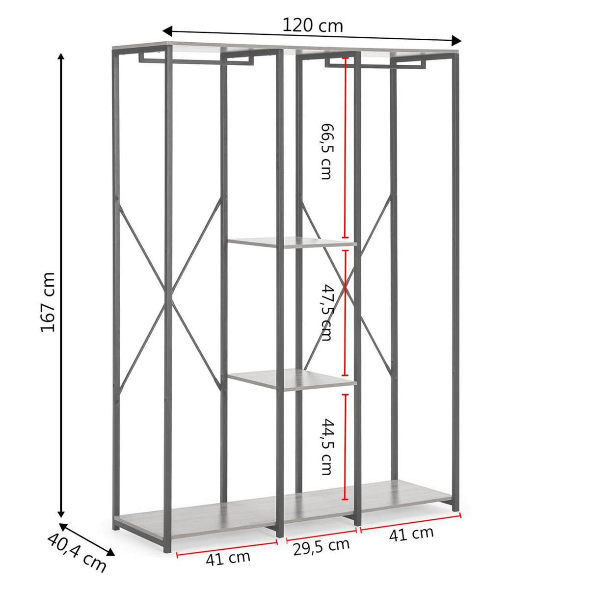 VS VENTA-STOCK Portemanteau Jana 3 étagères 2 barres, couleur chêne/noir