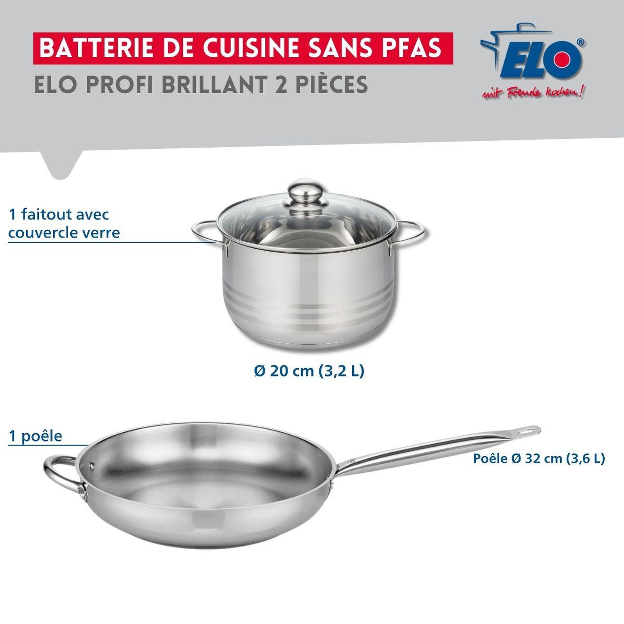 Voir la diapositive 2 : ELO Ensemble de 1 poêle de cuisson 32 cm et 1 faitout 20 cm elo profi brillant