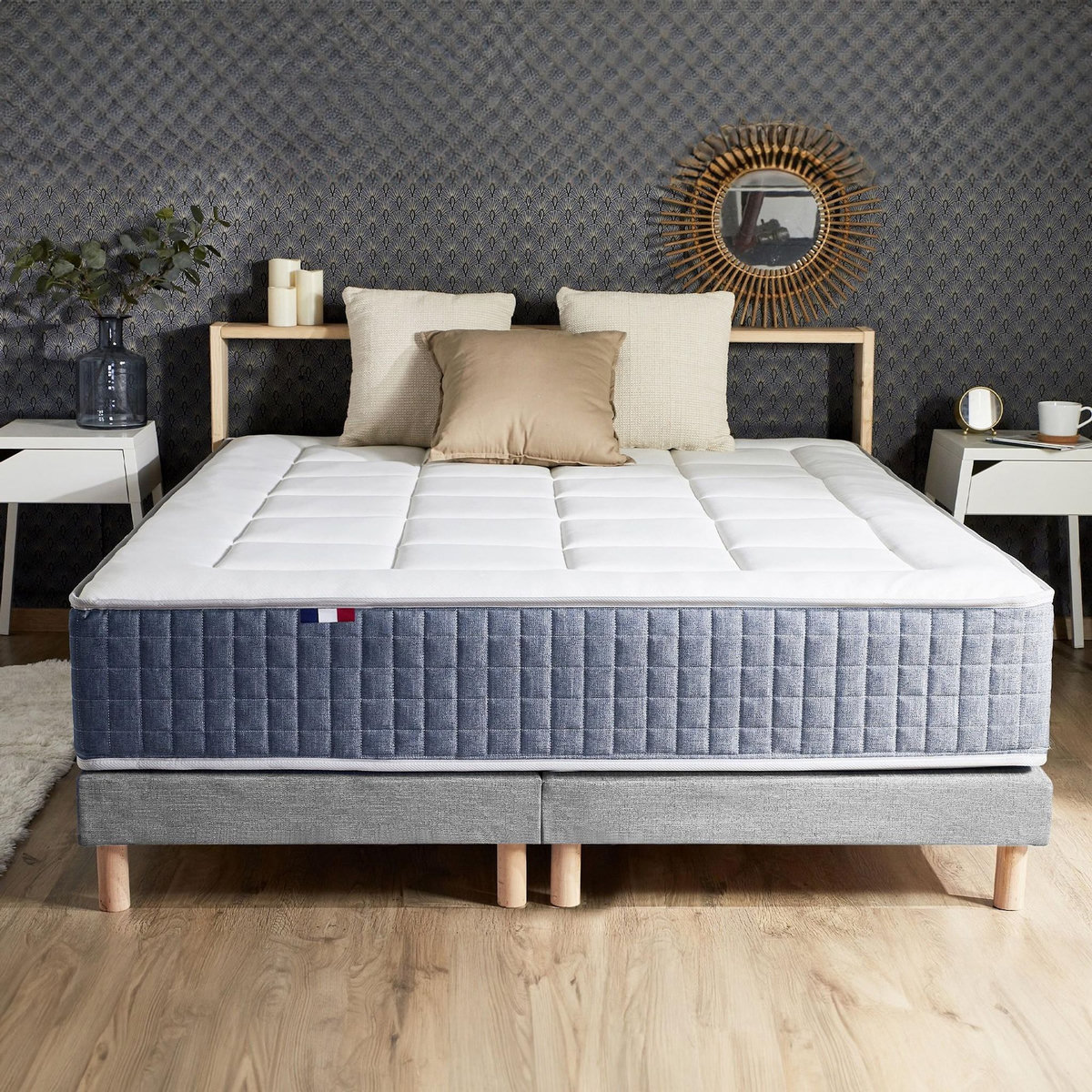 IDLITERIE Ensemble matelas ressort 7 zones KING STYLE, mémoire de forme, sommier, couette, oreillers