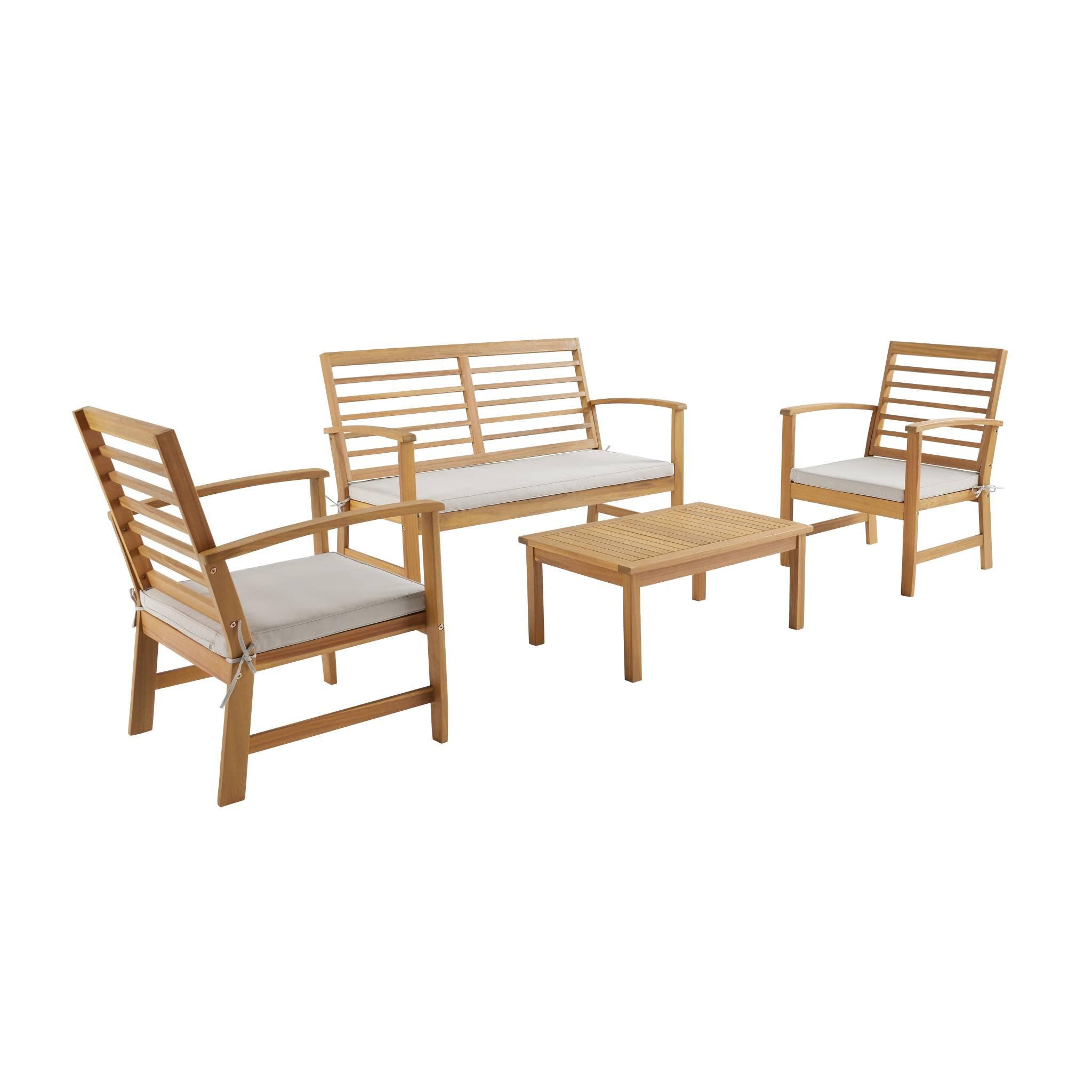 Voir la diapositive 2 : SWEEEK Salon de jardin CHLOE en bois d'acacia 4 places, avec coussins en polyester, un canapé, une table, deux fauteuils
