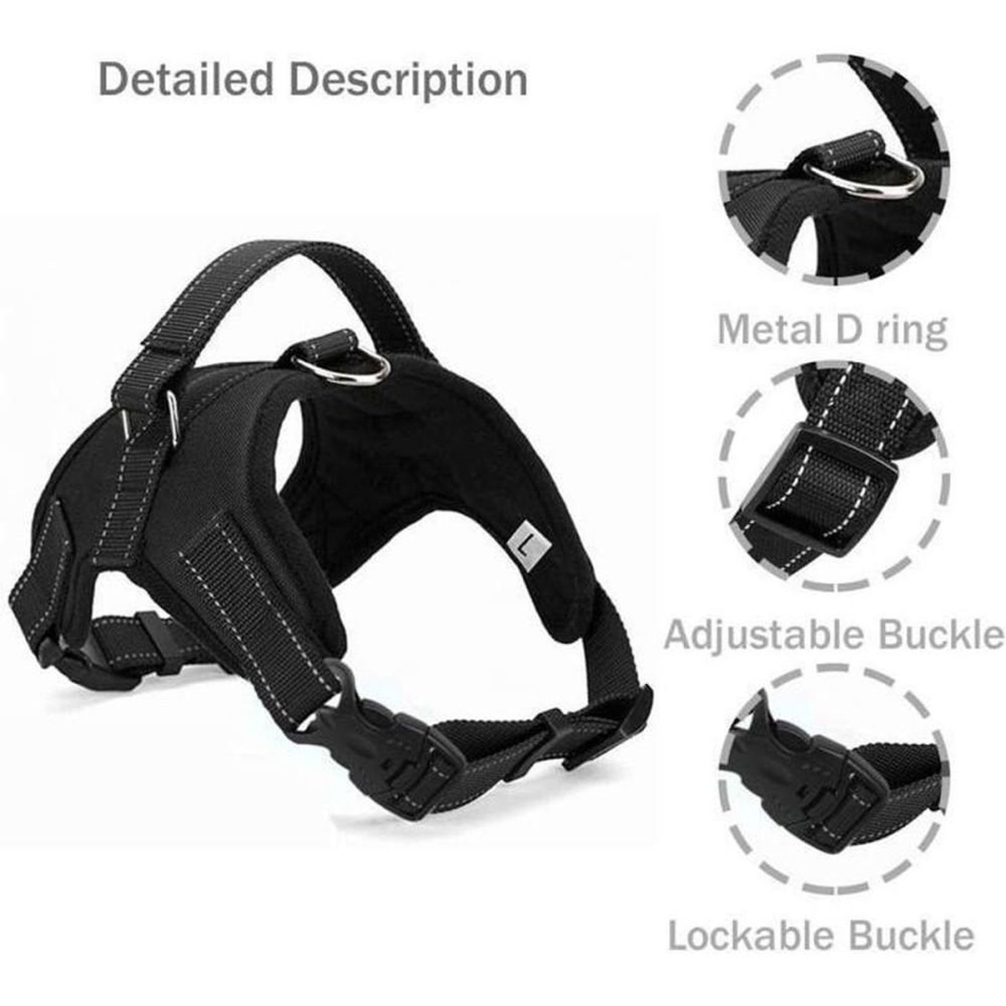 Voir la diapositive 2 : Harnais pour chien sans traction taille S noir en tissu Oxford, poignée supérieure rembourrée, bretelles nylon et lanières réfléchissantes